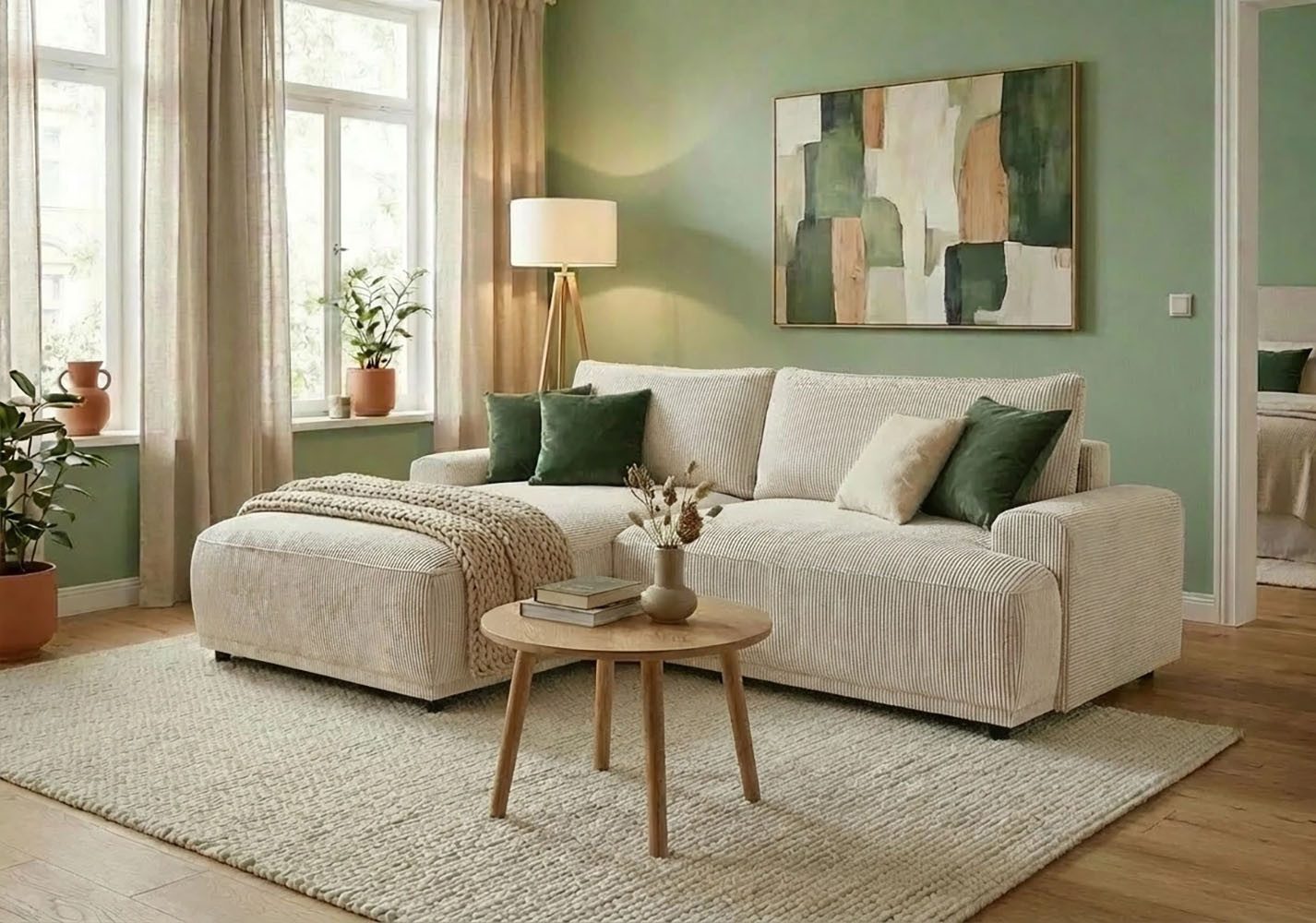 TRENDMANUFAKTUR Ecksofa Fordon, Schlafsofa mit Bettkasten, Couch in L-Form, Breite 250 cm, in Cordstoff HYPER, cream, Recamiere links