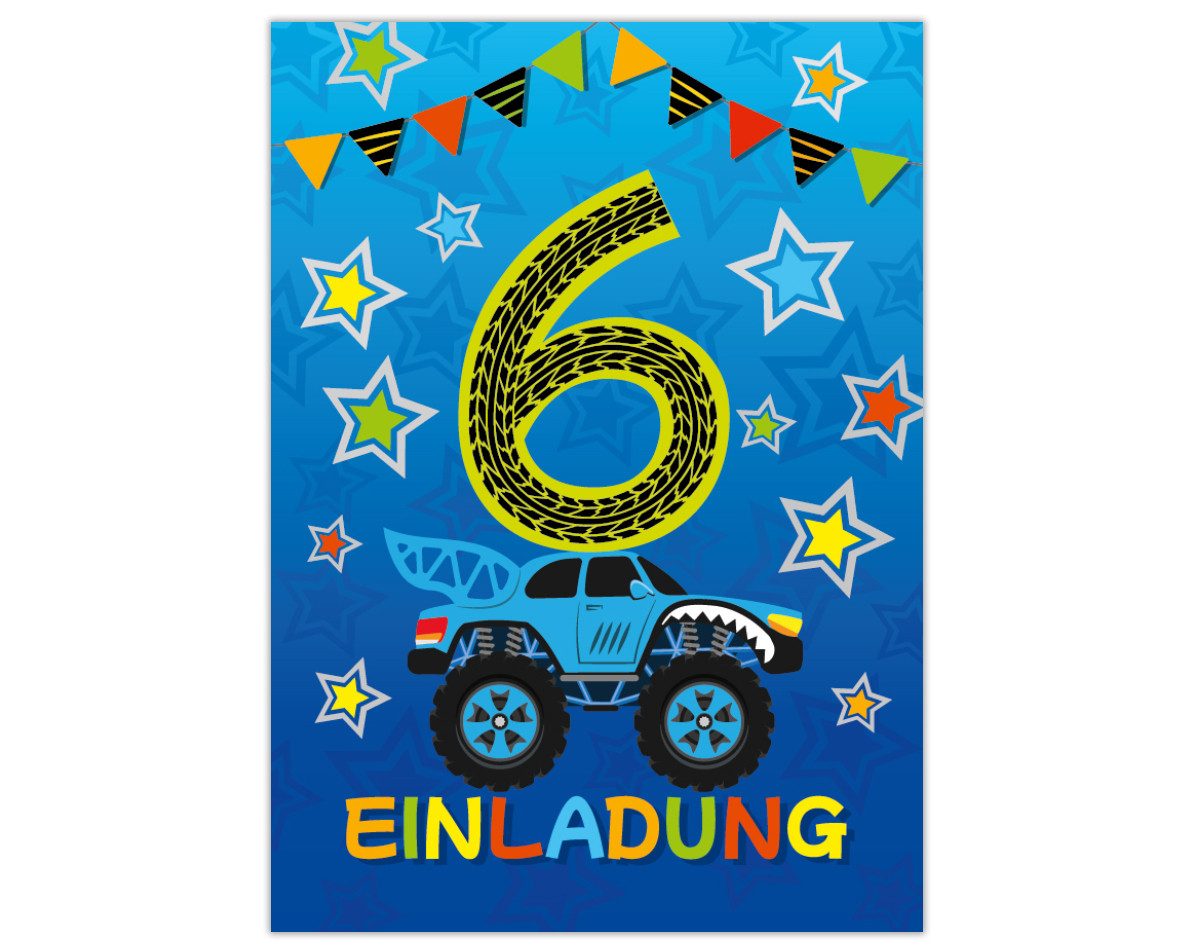JUNAPACK Einladungskarten Monster Truck zum 6. Kindergeburtstag Jungen Einladung Auto Umschläge, Einladungskarten mit Umschlägen zum sechsten Kindergeburtstag Truck