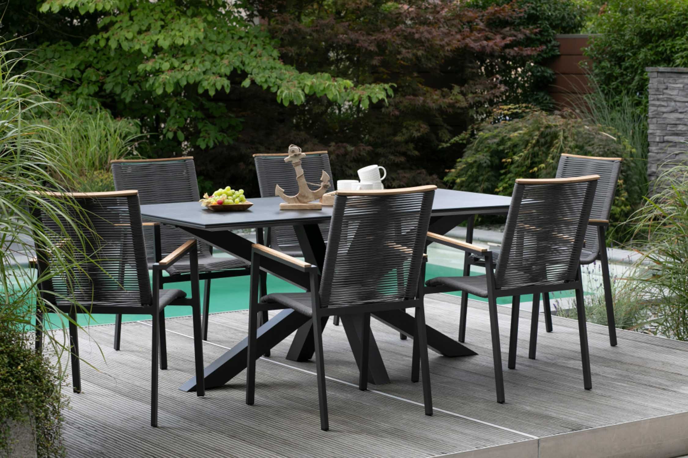 MR.DEKO Gartentisch Malaga 200x90 cm Aluminium Keramik dunkelgrau Tisch Outdoor (Mit X-Gestell & Keramik-Tischplatte – stilvoller Esstisch für Outdoor, 1-St), K – Bild 2 von 5