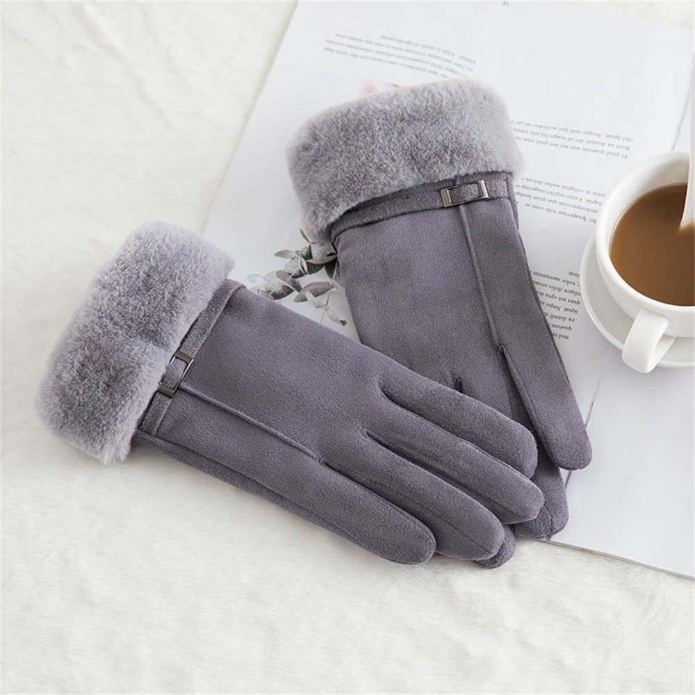 Rouemi Lederhandschuhe Damen-Mode-Handschuhe, warme Plüsch-Wildleder-Handschuhe Grau
