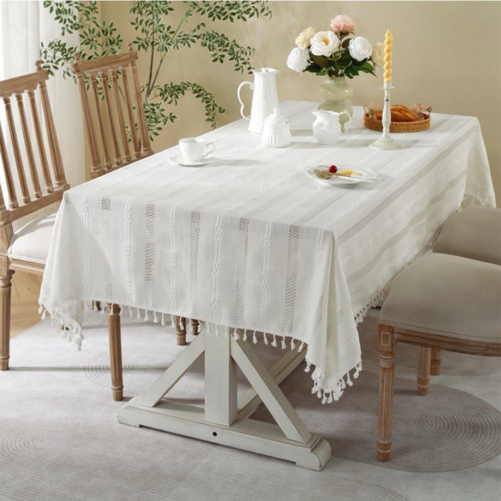 NUODWELL Tischdecke Patchwork-Tischdecke aus Baumwolle mit Quasten Weiß