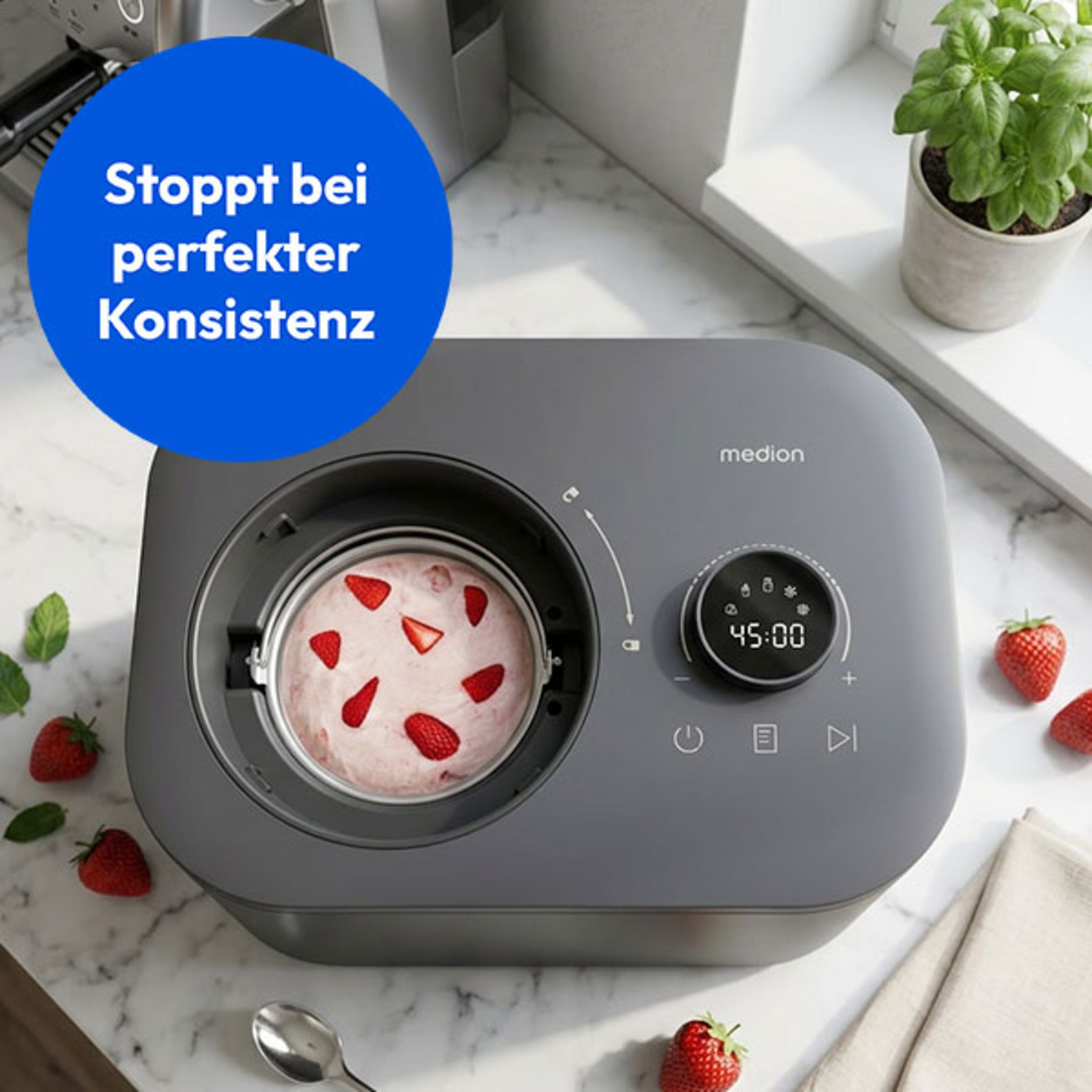 Medion® Eismaschine MD 100116, 1 l, 100 W, Mixen, Eis, Joghurt oder Slush zubereiten, Eis nachkühlen