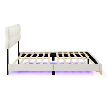MODFU Polsterbett mit LED-Leuchten mit Rückenlehne, Samtstoff hohe Metallfüße (Doppelbett mit Lattenrost 140 x 200 cm), ohne Matratze
