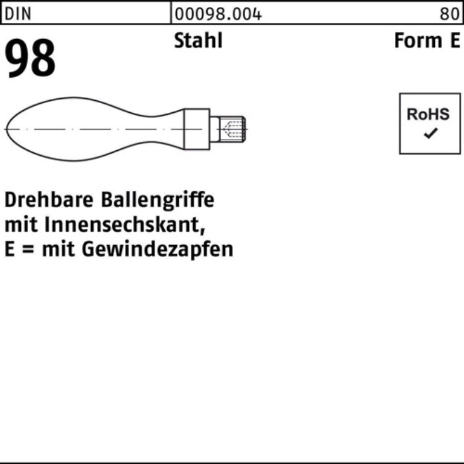 DIN Gewindezapfen E Stück Stahl 20 100er Griff DI Pack 10 Ballengriff M8 98 Reyher