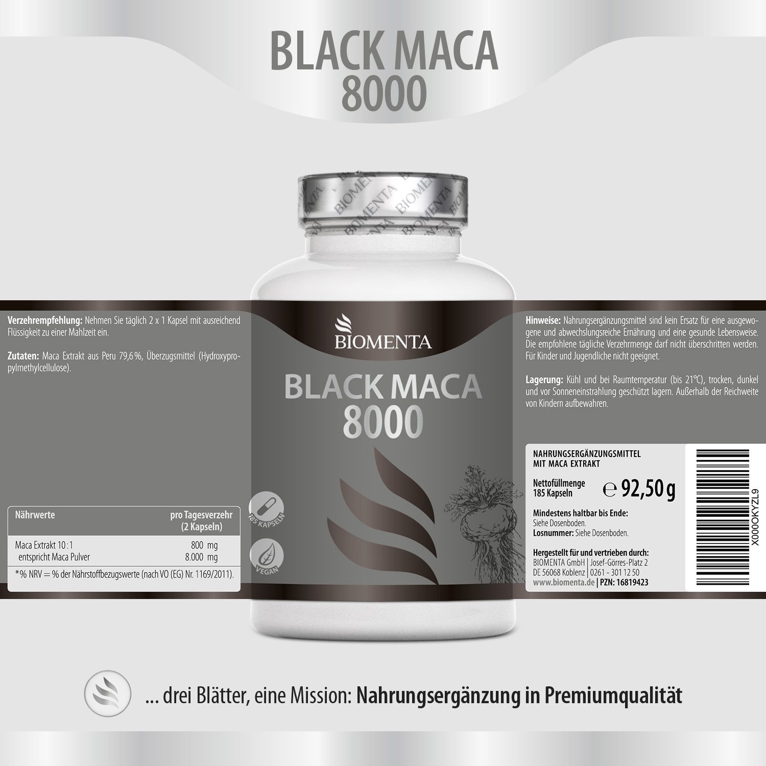 BIOMENTA Maca 8000 - 185 Kapseln hochdosiert - 10:1 Peru Black Maca Extrakt Kapseln, 185 St., 92.50 g