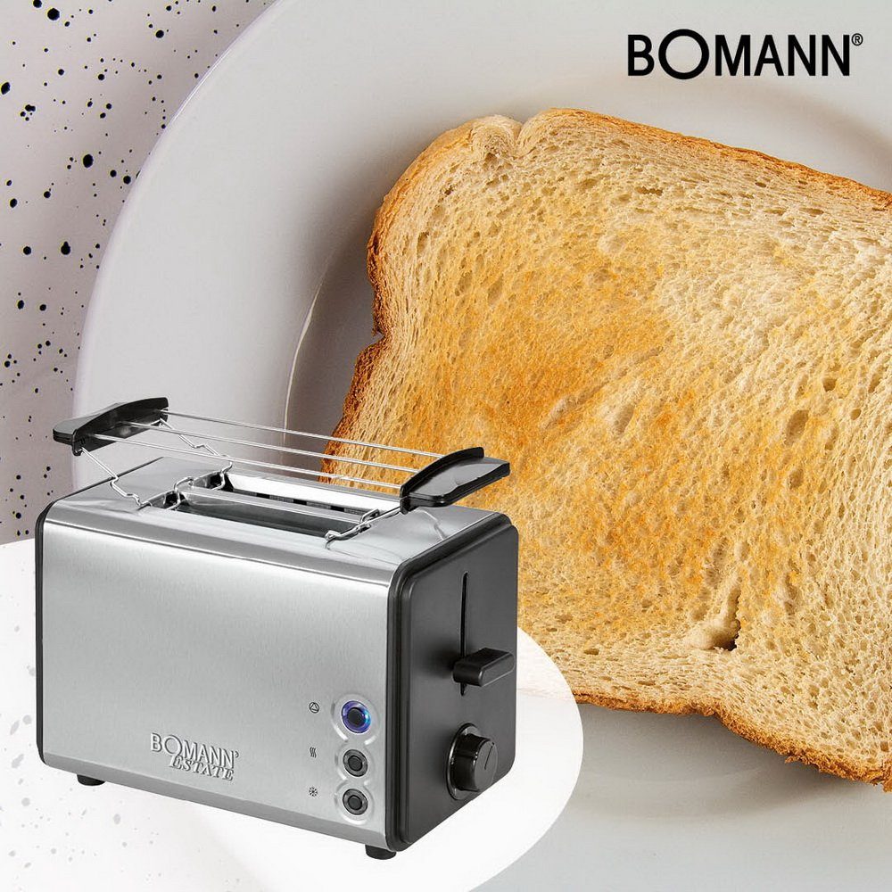 BOMANN Toaster Edelstahl 2-Scheiben Toastautomat mit Brötchenaufsatz, 2 kurze Schlitze, für 2 Scheiben, 850 W, max., Krümelschublade, Stufenlos einstellbarer Bräunungsgrad