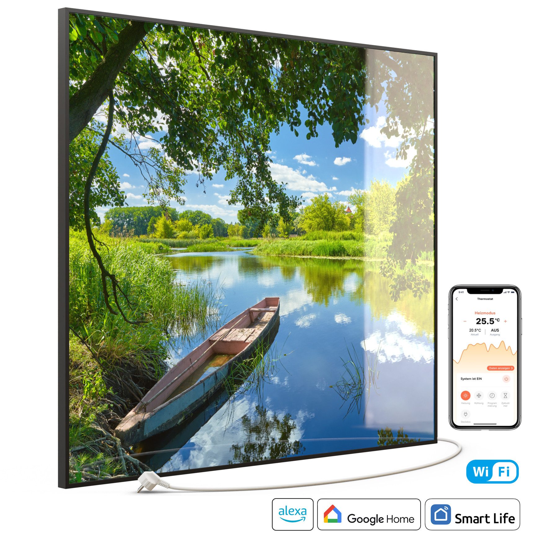 STEINFELD Heizsysteme Infrarotheizung Glas-Bild 1200W, 114x100cm, Made in Germany, 7 Jahre Garantie, mit Thermostat, Schwarz