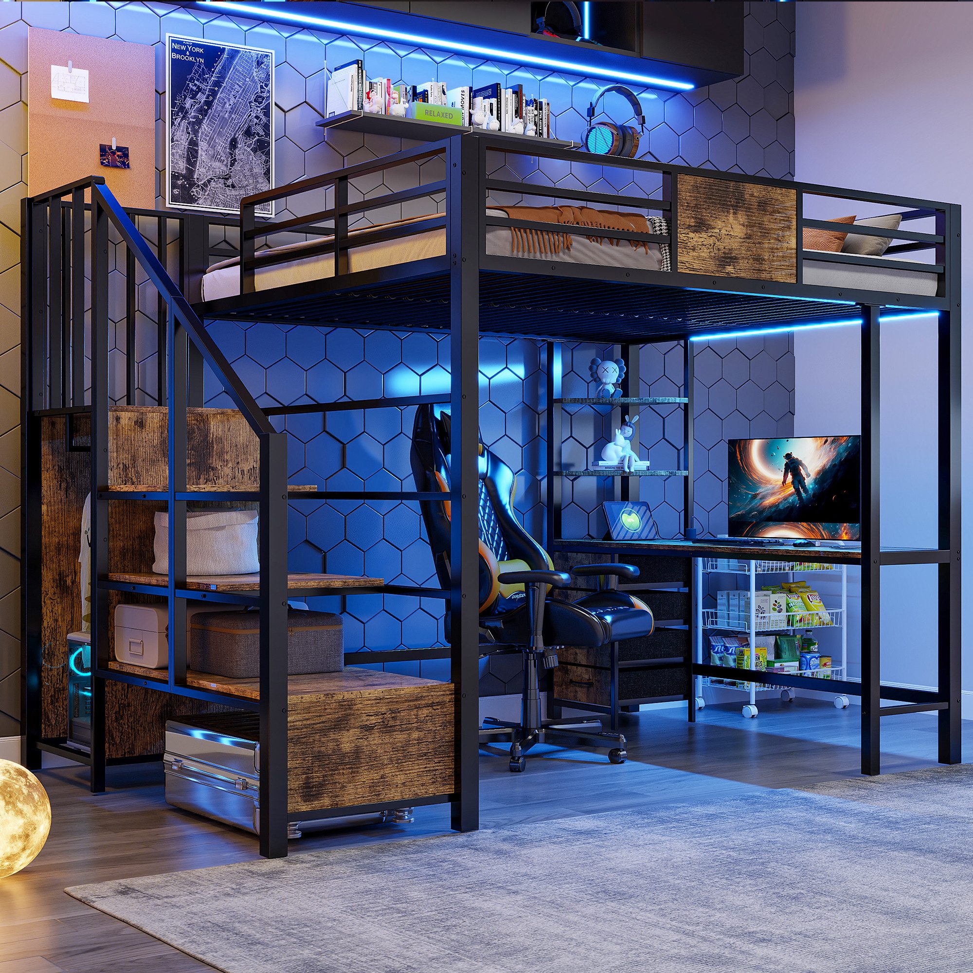 Flieks Hochbett Metallbett 140x200cm mit Schreibtisch Stauraumtreppe LED und Aufladen