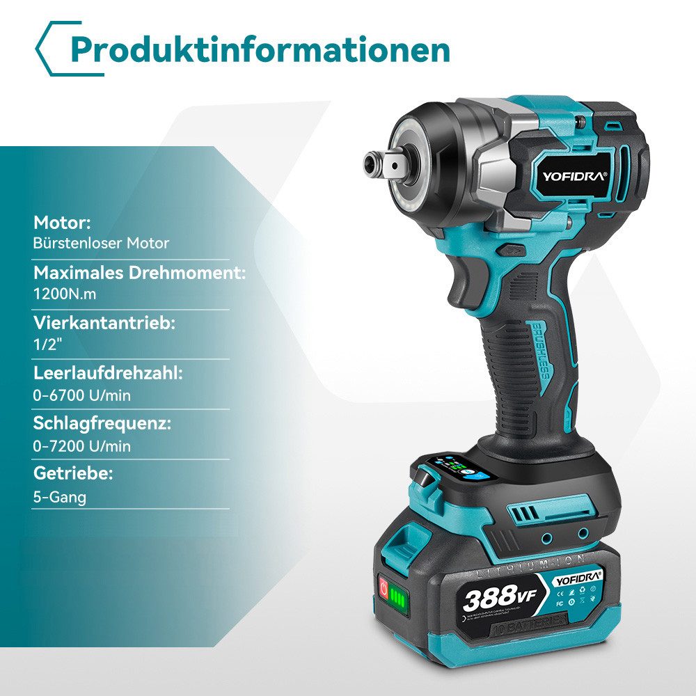Yofidra Akku-Schlagschrauber 1200Nm( 885Ft-Ibs)  Bürstenloser 1/2 Zoll Schlagschrauber, 6700 U/min, (mit 2× Akkus & 4 Stecknüsse), Schlagschrauber für Radwechsel/Auto