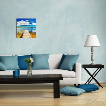 Wallario Glasbild, Klarer See mit Steg - Blauer Himmel, in verschiedenen Ausführungen