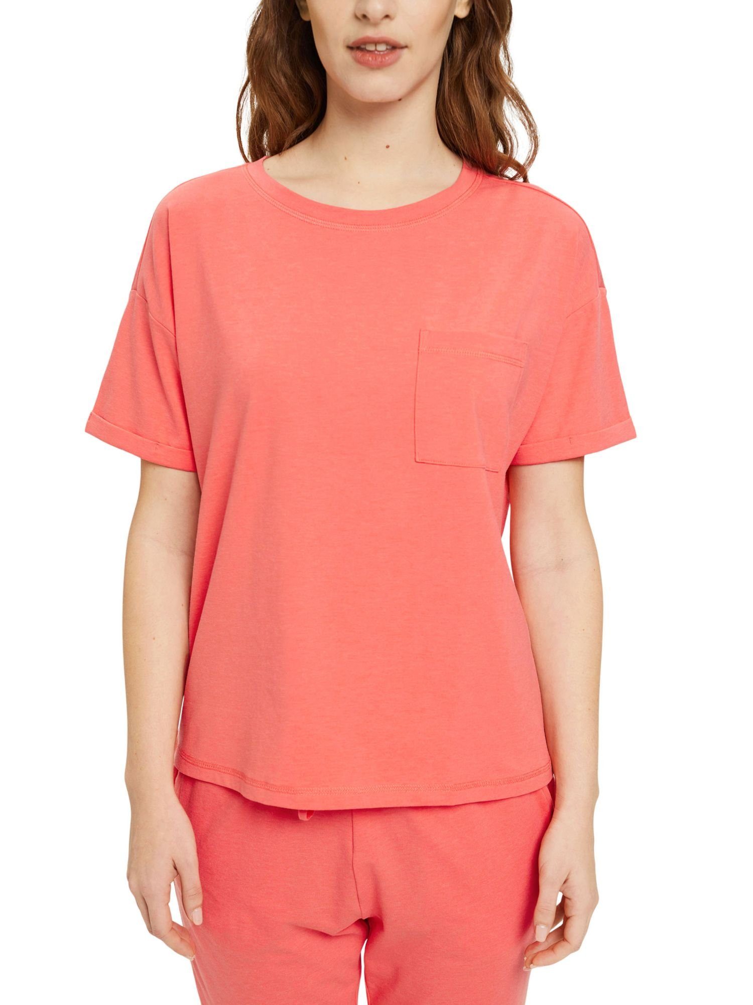 T-Shirt Brusttasche CORAL Pyjamaoberteil Baumwoll-Mix Esprit mit aus