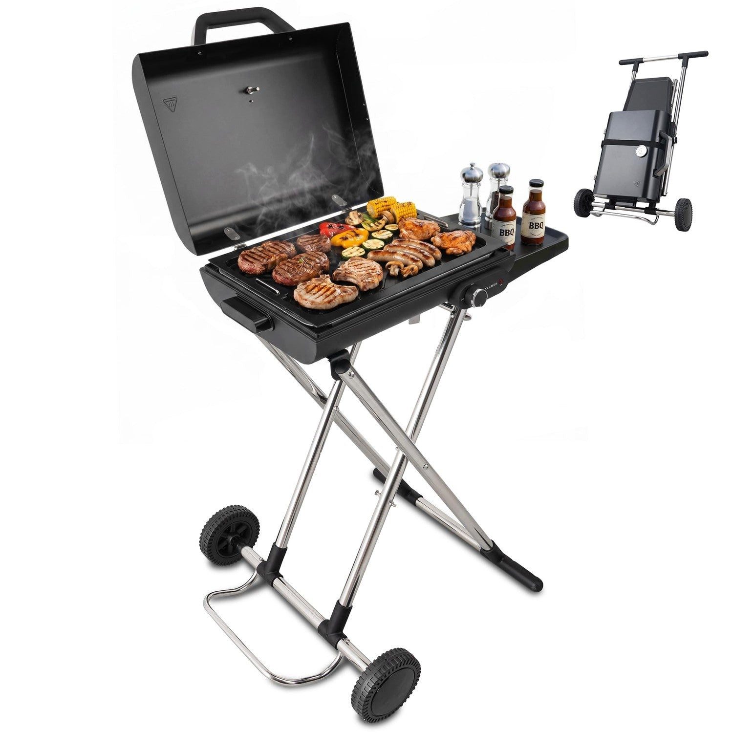 KLAMER Elektrogrill Klappbar, Balkon & Draußen, Deckelthermometer, Rollen, 2180 W, klappbar, Eingebautes Deckelthermometer, Anti-Haft-Oberfläche