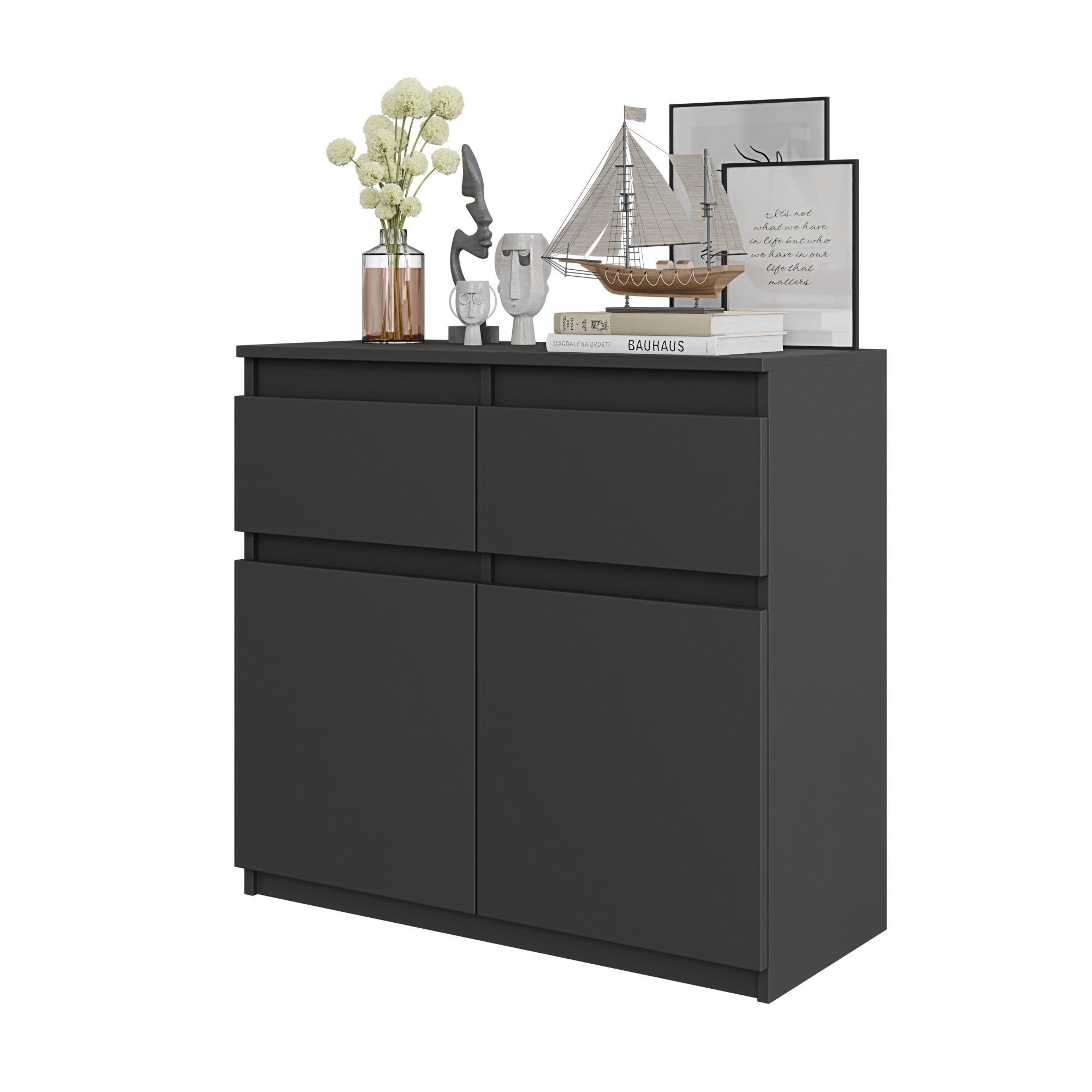 Kommode NOAH 2 Schubladen und 2 Türen - Anthrazit Grau H75cm B80cm T35cm