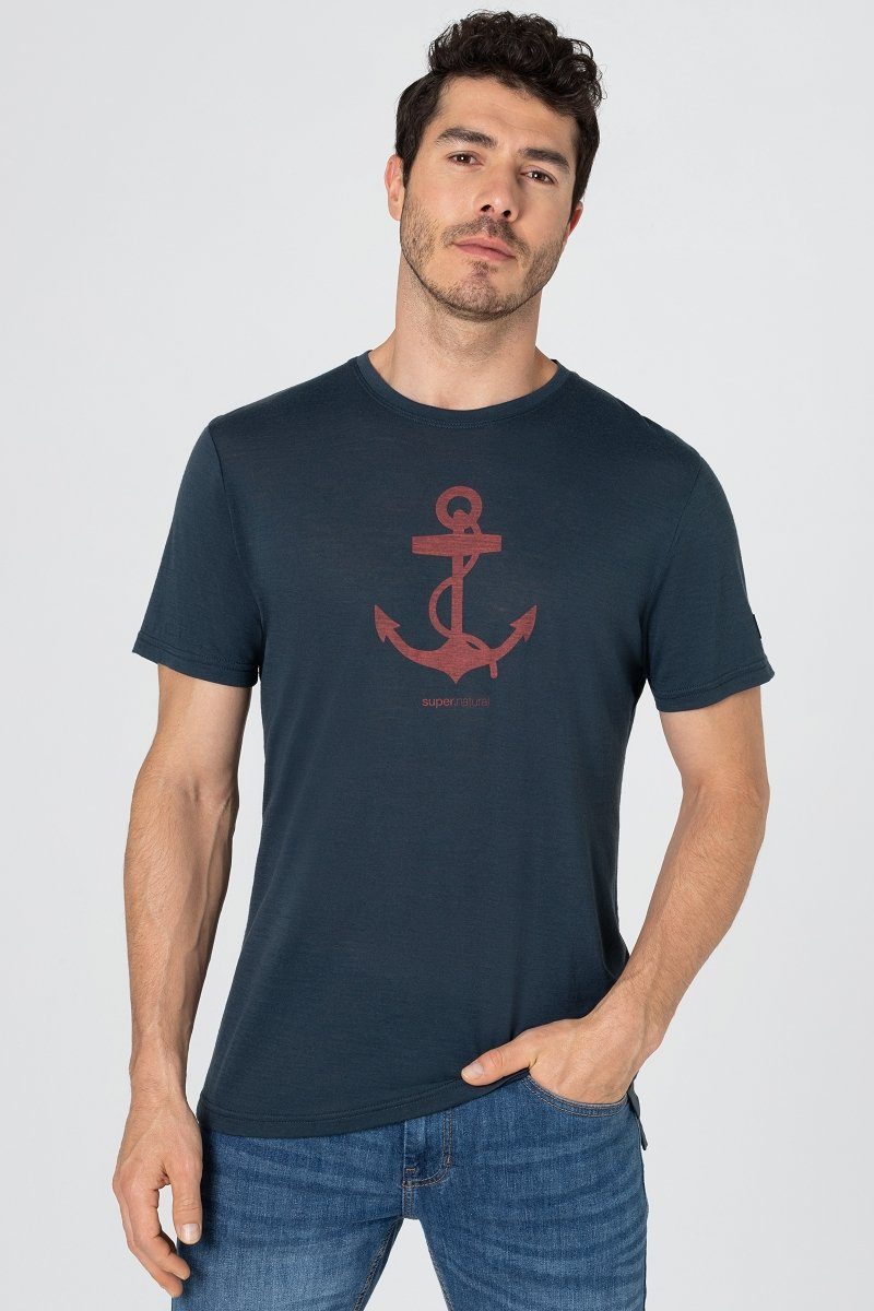 T-Shirt atmungsaktiver M SUPER.NATURAL Blueberry/Marine Merino Merino-Materialmix ANCHOR TEE Red Print-Shirt