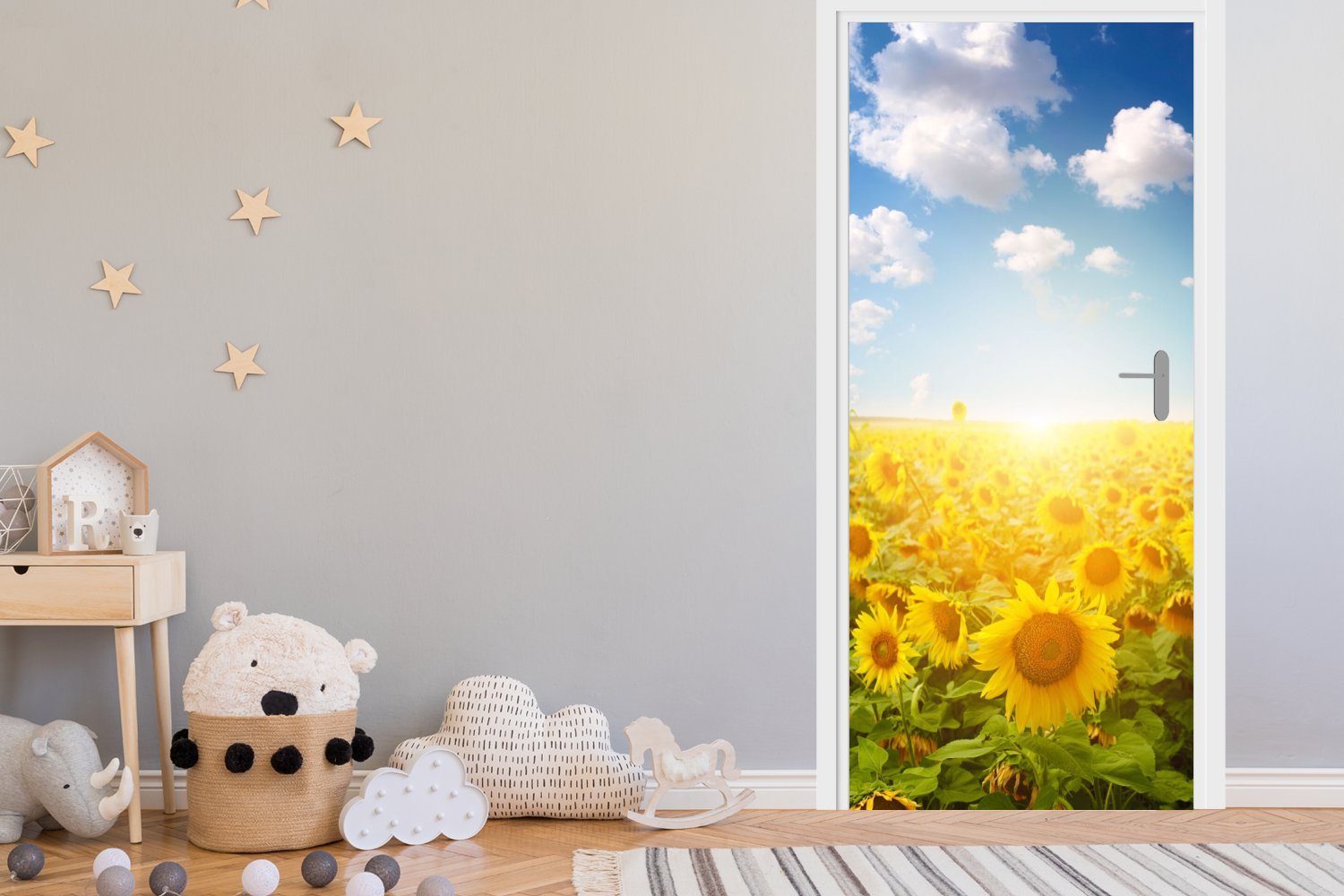 - 75x205 - Sonnenblume Türtapete für MuchoWow St), Sonne Tür, Türaufkleber, bedruckt, Fototapete Wolken, Matt, (1 cm