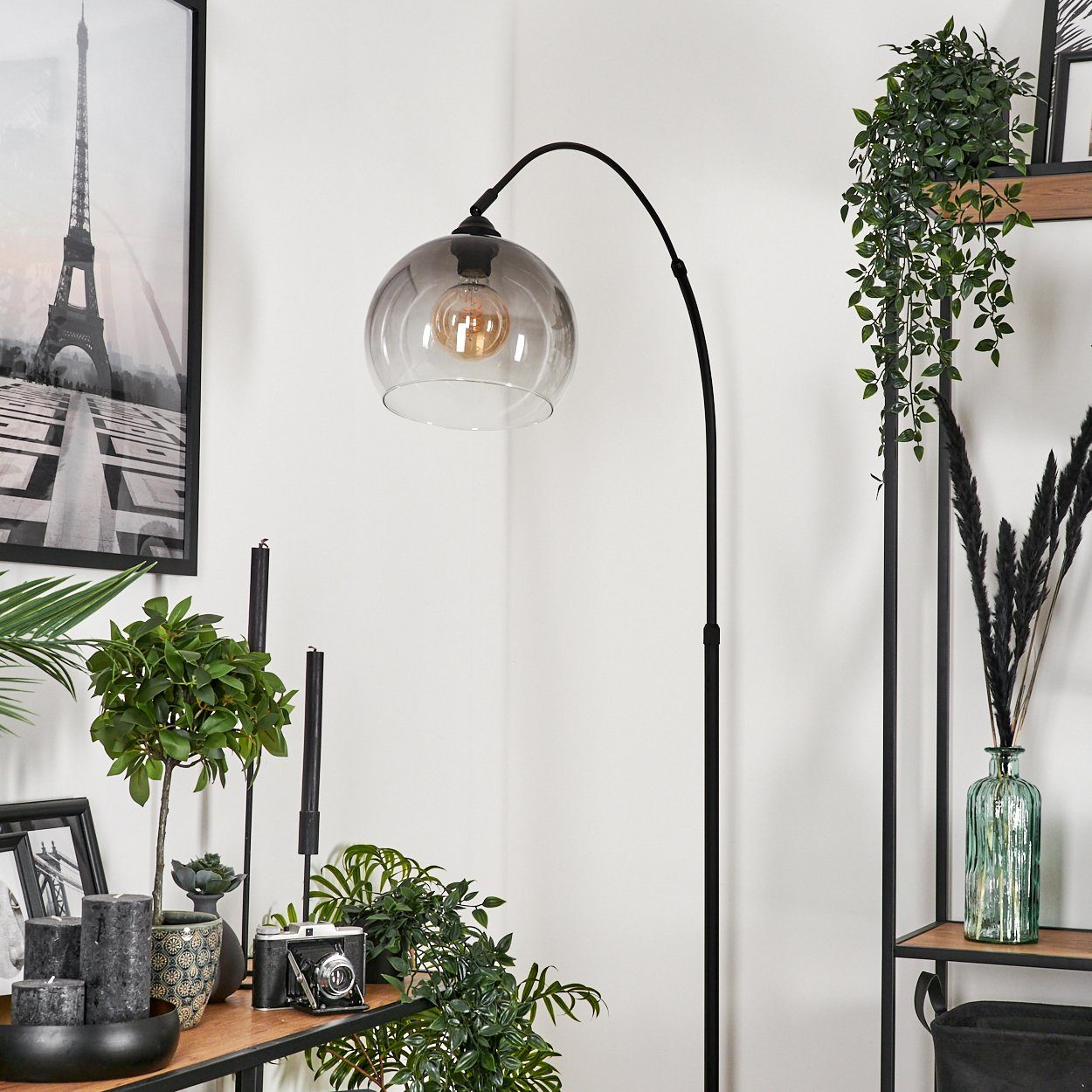hofstein Bogenlampe Stehlampe aus Metall/Glas/Marmor in Schwarz/Rauchfarben/Klar, ohne Leuchtmittel, verstellbare Bogenlampe Ø24,5cm Marmor-Fuß, 1xE27, ohne Leu – Bild 2 von 5