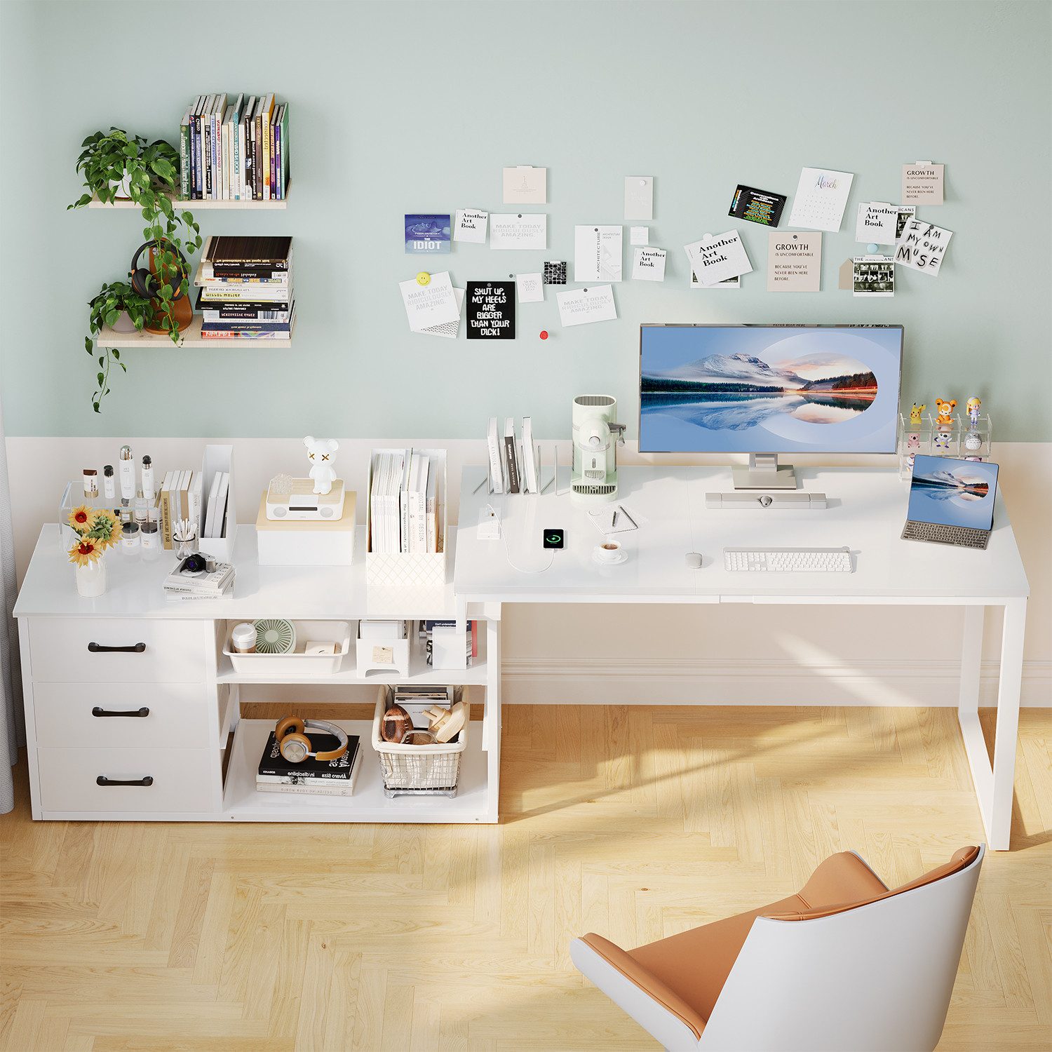 HOMALL Schreibtisch L-förmiger Eckschreibtisch mit USB-Anschluss und zwei Steckdosen. (Abmessungen: 140 x 105 x 75 cm, L-förmiger Schreibtisch Gamingtisch, umwandelbar in einen I-förmigen Schreibtisch, mit 3 Schubladen und 2 Fächern)