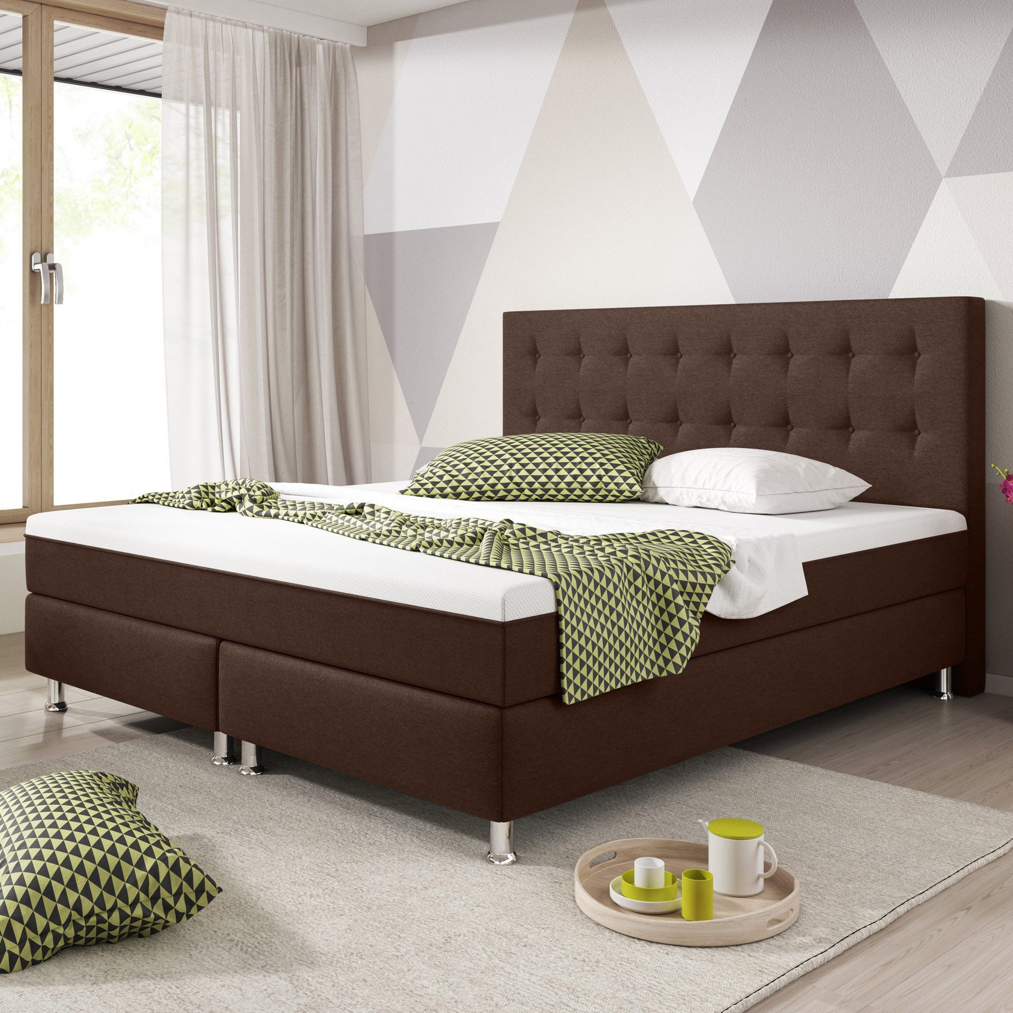 interbed Boxspringbett 180x200 Taschenfederkern H3, gepolstertes Kopfteil, Komfortbett (Spar-Set, Komplettes Set), SOFORT LIEFERBAR