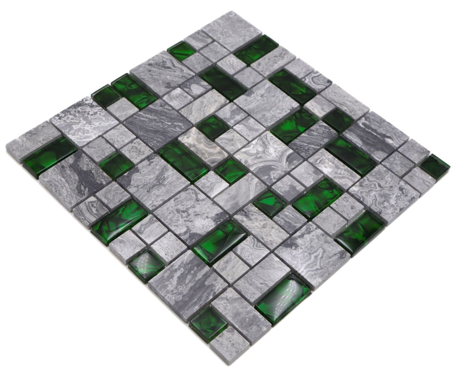 Mosani Mosaikfliesen 0,9m² Mosaikfliesen 10-teilig, grau Dekorative Naturstein Set, mit glänzend, Wandverkleidung grün Glasmosaik