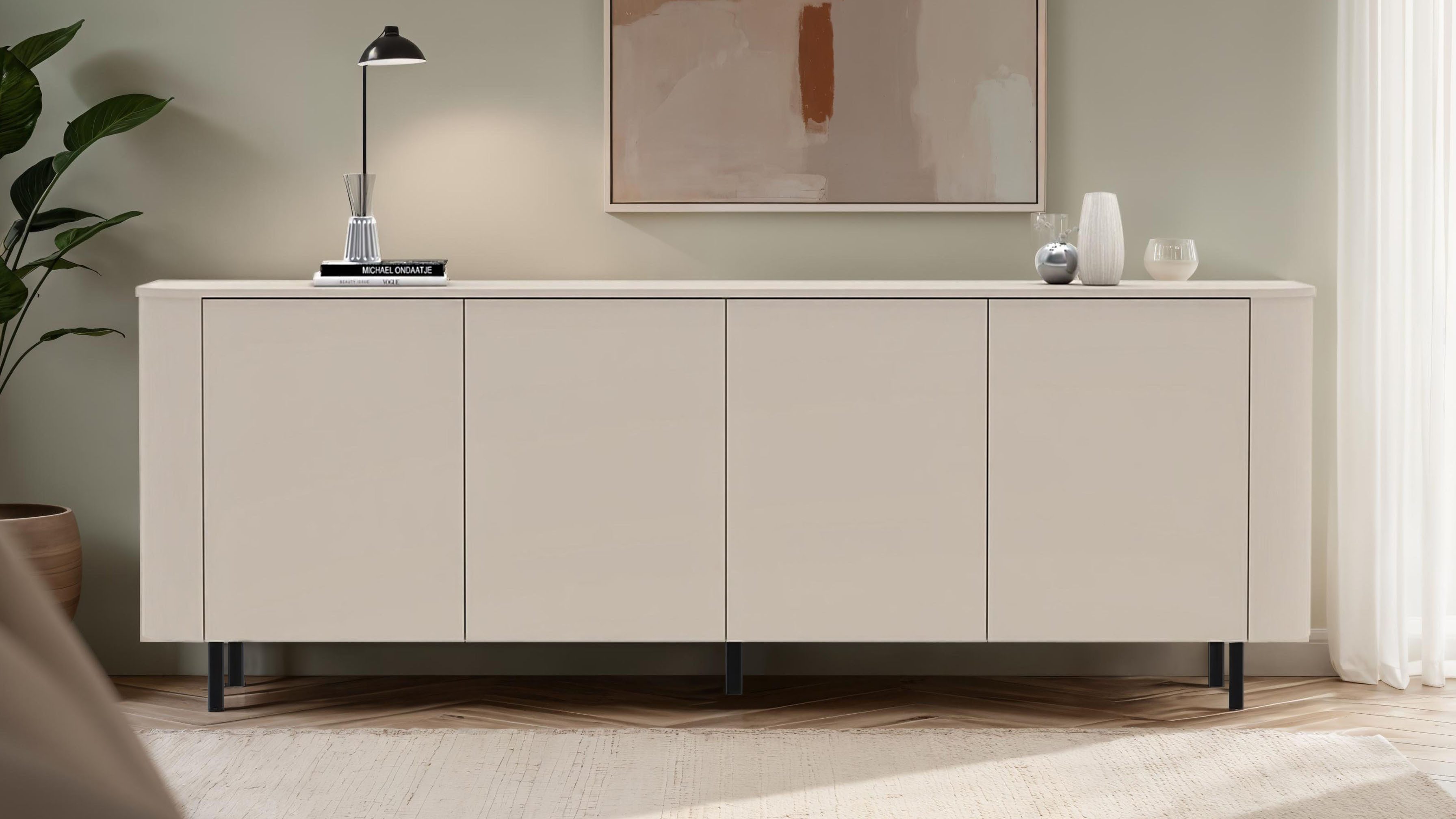 OTTO home Sideboard Lido, 231 cm breit, 4 Türen, Anrichte, Kommode, Stauraumschrank, Formgebogenes MDF, Stirnseiten mit Rundung, Push-to-open, Metallfüße