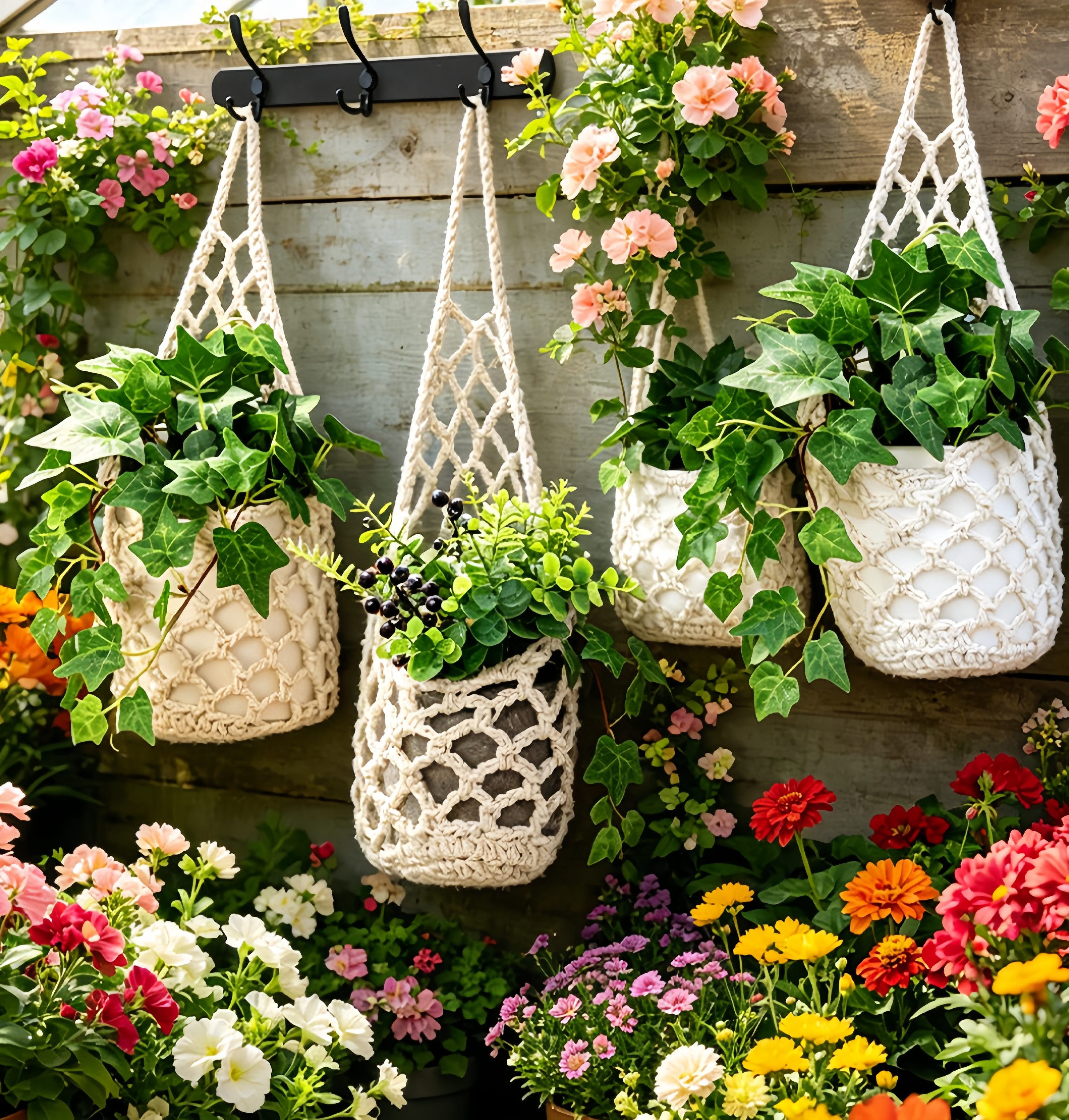 FOUORTUNATE-BEE Dekohänger 3er Pflanzenampel Wandbehang Makramee Blumenhalter Indoor Dekohänger, Hängepflanzen Netzbeutel für Küche Balkon Wohnzimmer Deko
