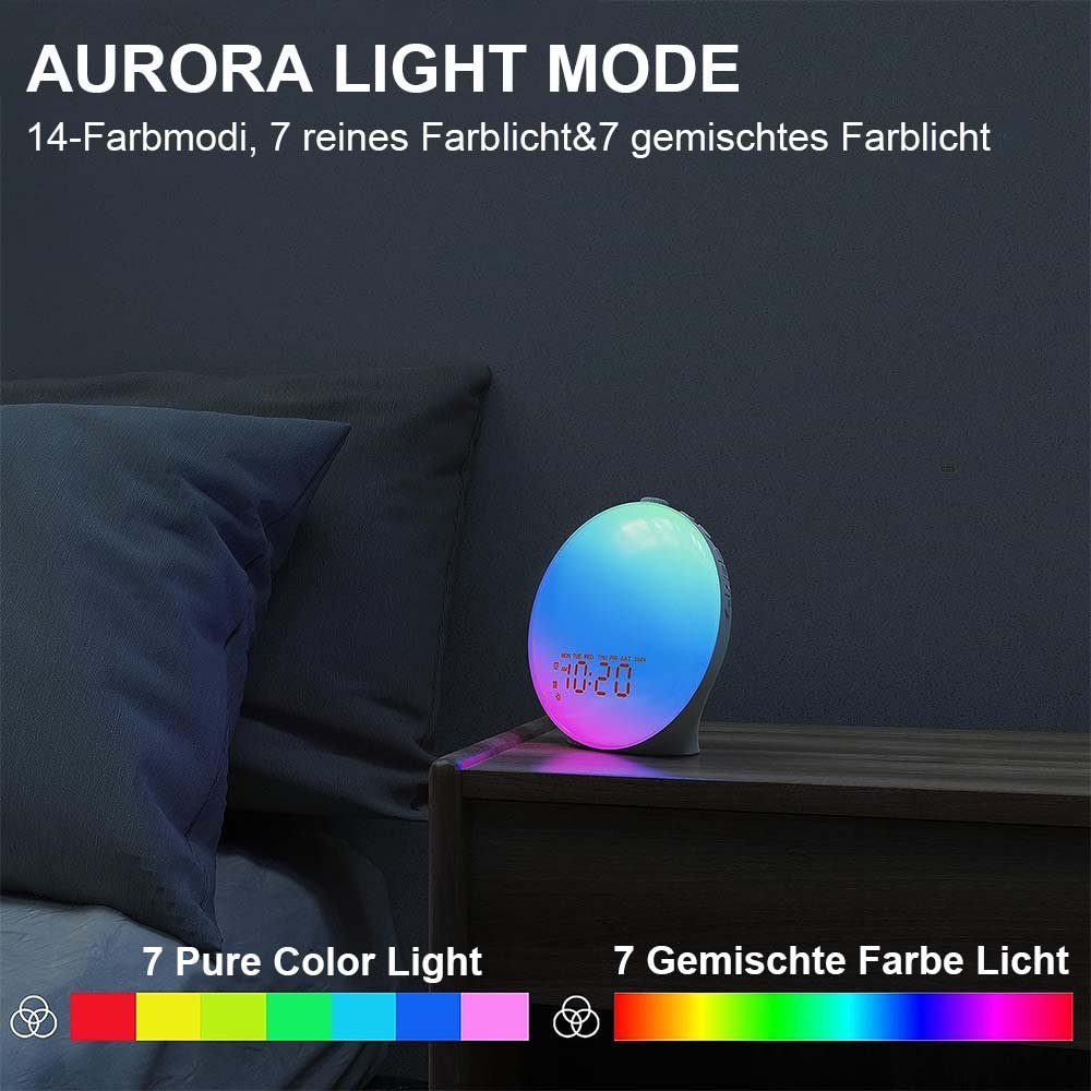 mit Elektronischer Farben, MOUTEN Nachttischwecker Wecker simulierter Töne, 14 Schlafhilfe-Doppelwecker Schlaf-Nachtlicht 7