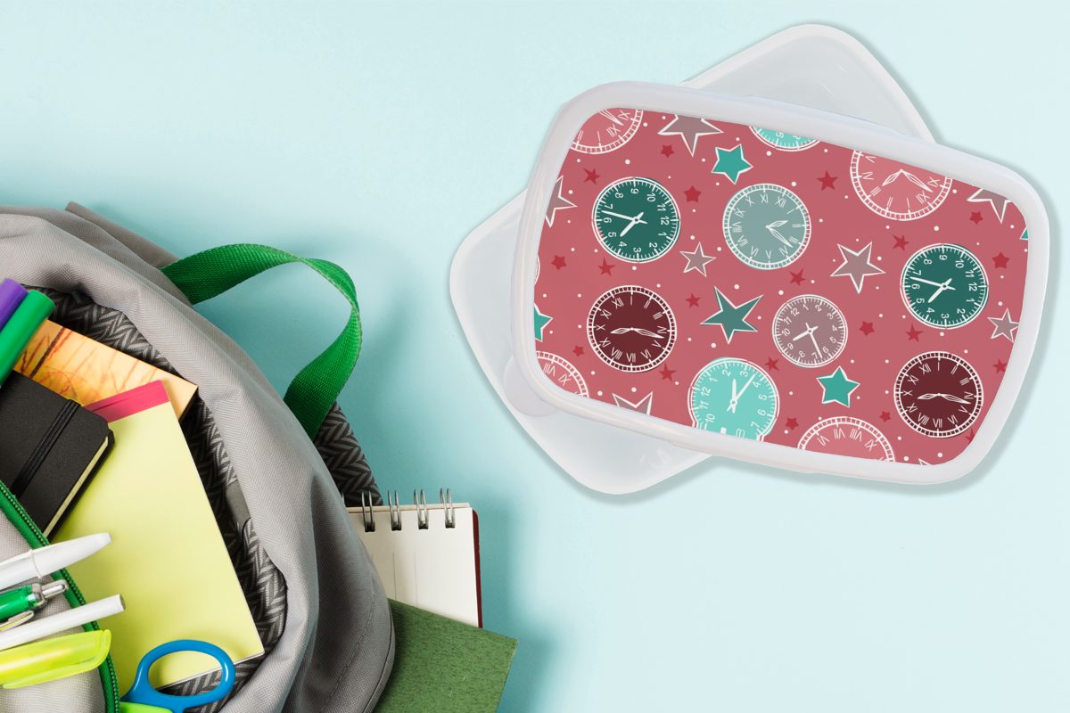 MuchoWow Lunchbox Uhr - Kinder und Brotdose, für für Rosa Kunststoff, Jungs weiß Mädchen Brotbox Muster (2-tlg), - Sterne, Erwachsene, und 
