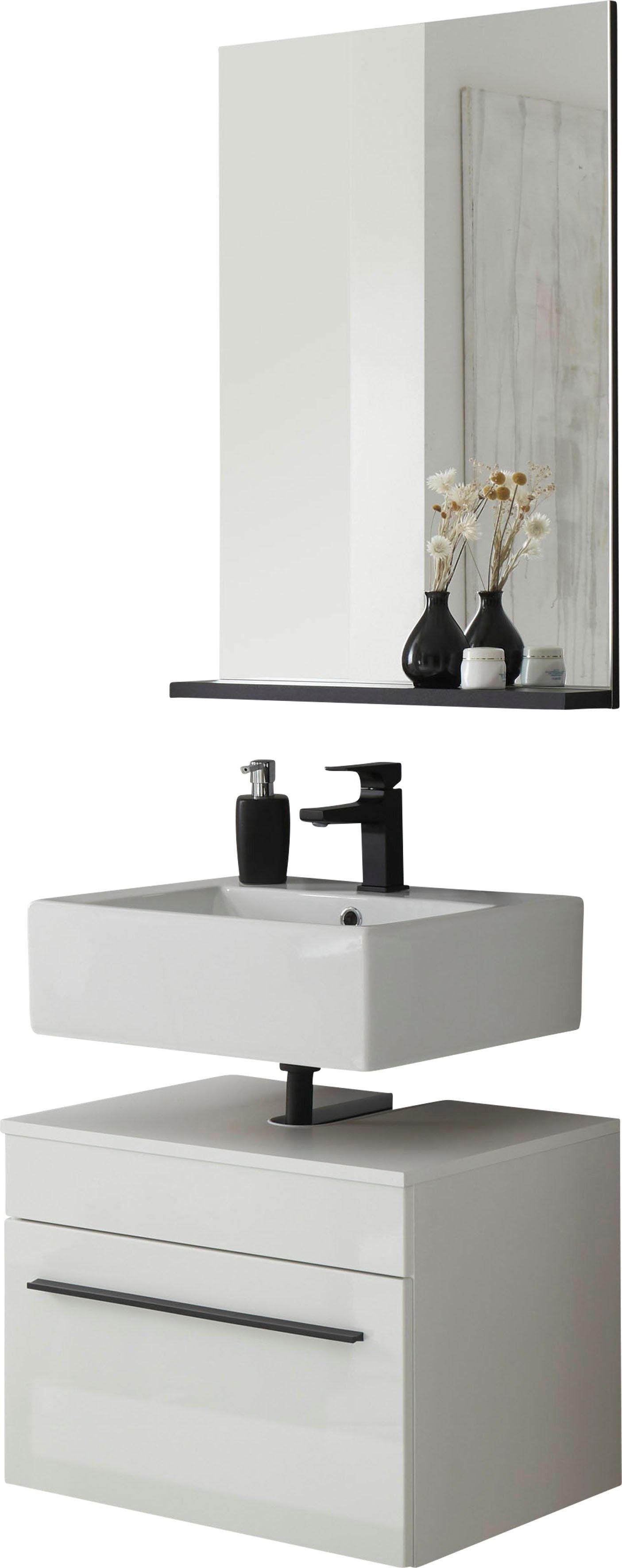 INOSIGN Badmöbel-Set Cantara, Bad im modernen Design, 2-teiliges Badezimmer, (Set, 2-St), Unterschrank und Spiegel, in Weiß Hochglanz, viel Stauraum