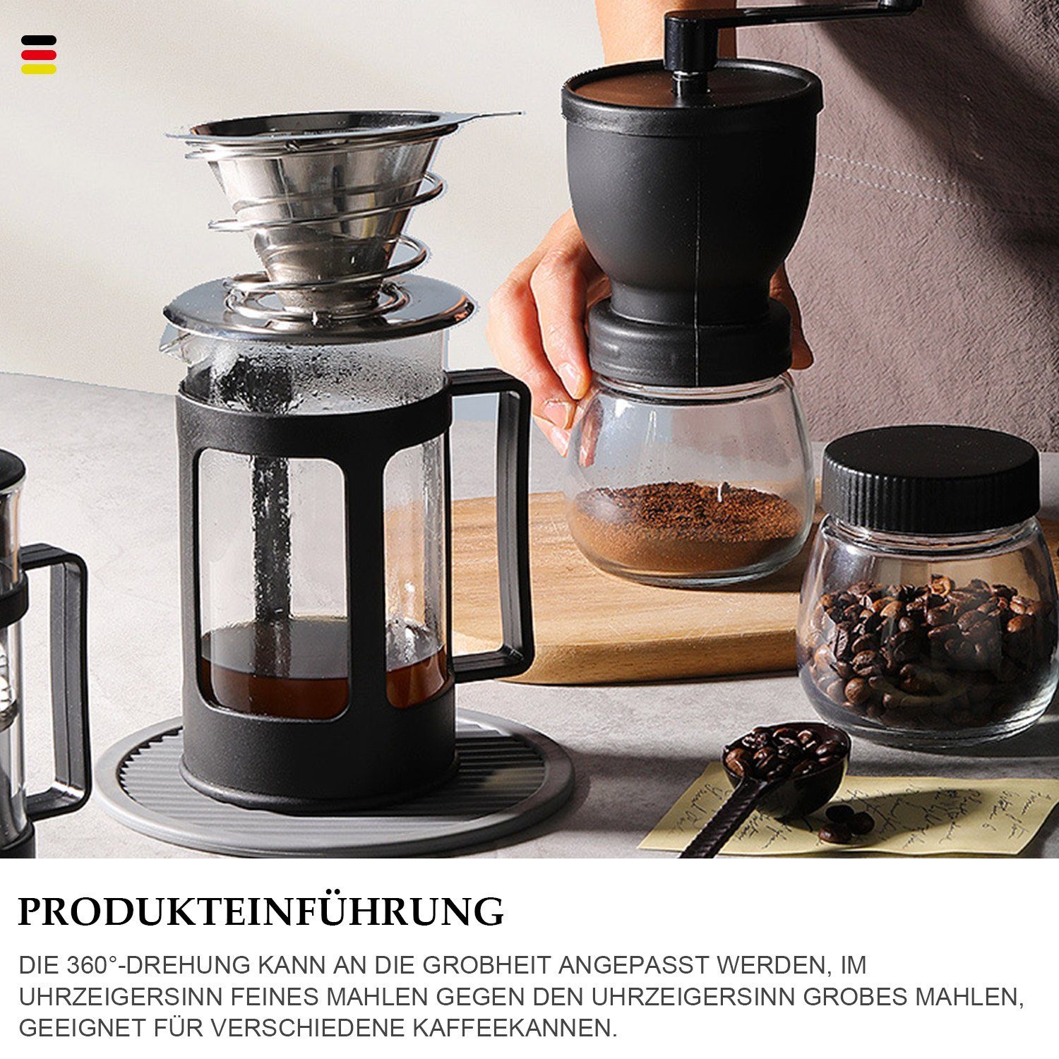 Kaffeebohnenmahlwerk Tragbare Handkurbel-Kaffeemaschine Doppeldose Kaffeemühle MAGICSHE Schwarz