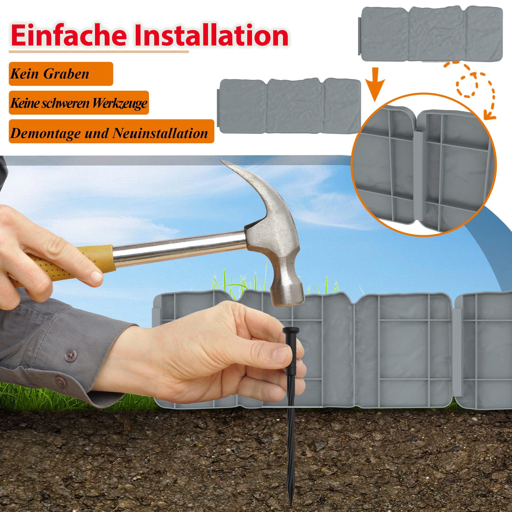 FIVMEN Rasenkante Beeteinfassung Kunstoff mit Bodenspikes Mähkante Palisade, für Blumen Gartenzaun Pro Stück 25x10cm (L x H) – Bild 4 von 5