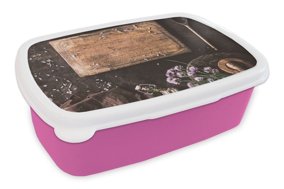 MuchoWow Lunchbox Schneidebrett - Kräuter - Löffel - Küche - Rustikal - Mörser -, Kunststoff, (2-tlg), Brotbox für Erwachsene, Brotdose Kinder, Snackbox, Mädchen, Kunststoff rosa