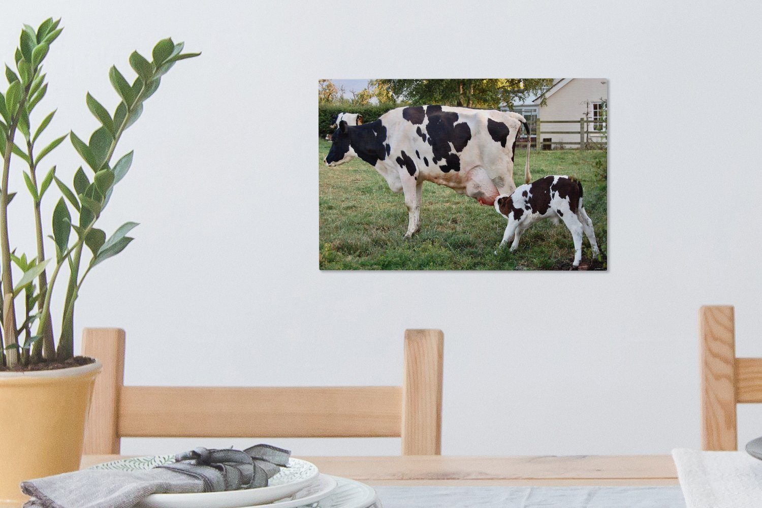 Kalb cm Bauernhof, Leinwandbilder, (1 St), - Wandbild - Aufhängefertig, Wanddeko, Kuh 30x20 Leinwandbild OneMillionCanvasses®