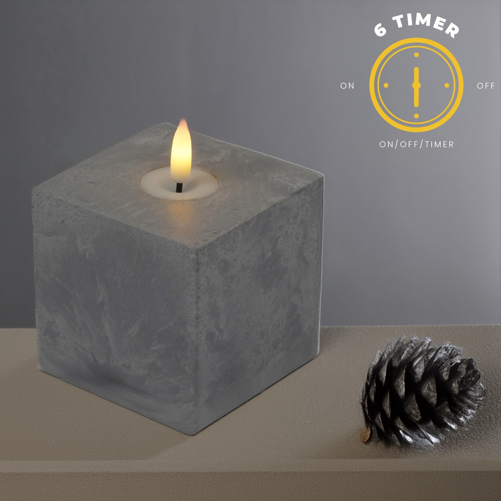Marrakesch Orient & Mediterran Interior LED-Kerze Moderne LED-Kerze Samod eckig Tischdeko Zement Look in Grau 11 cm (1-tlg), Handarbeit