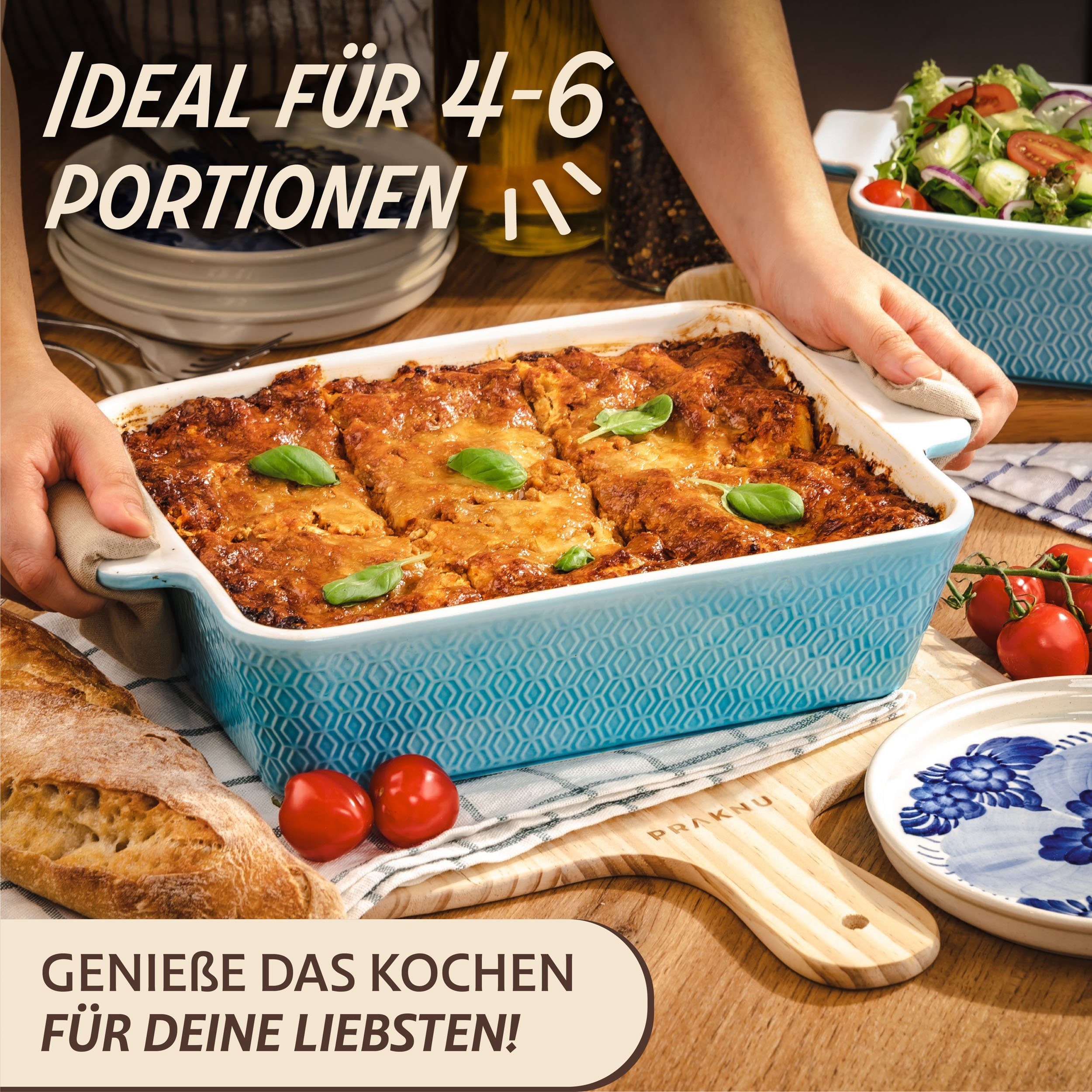 Praknu Auflaufform Auflaufform Groß aus Keramik - Für Lasagne, Tiramisu & Auflauf, Porzellan - Keramik, (1-St), Für 4 Personen Lasagne, Tiramisu & Auflauf - Hoher Rand - Rechteckig