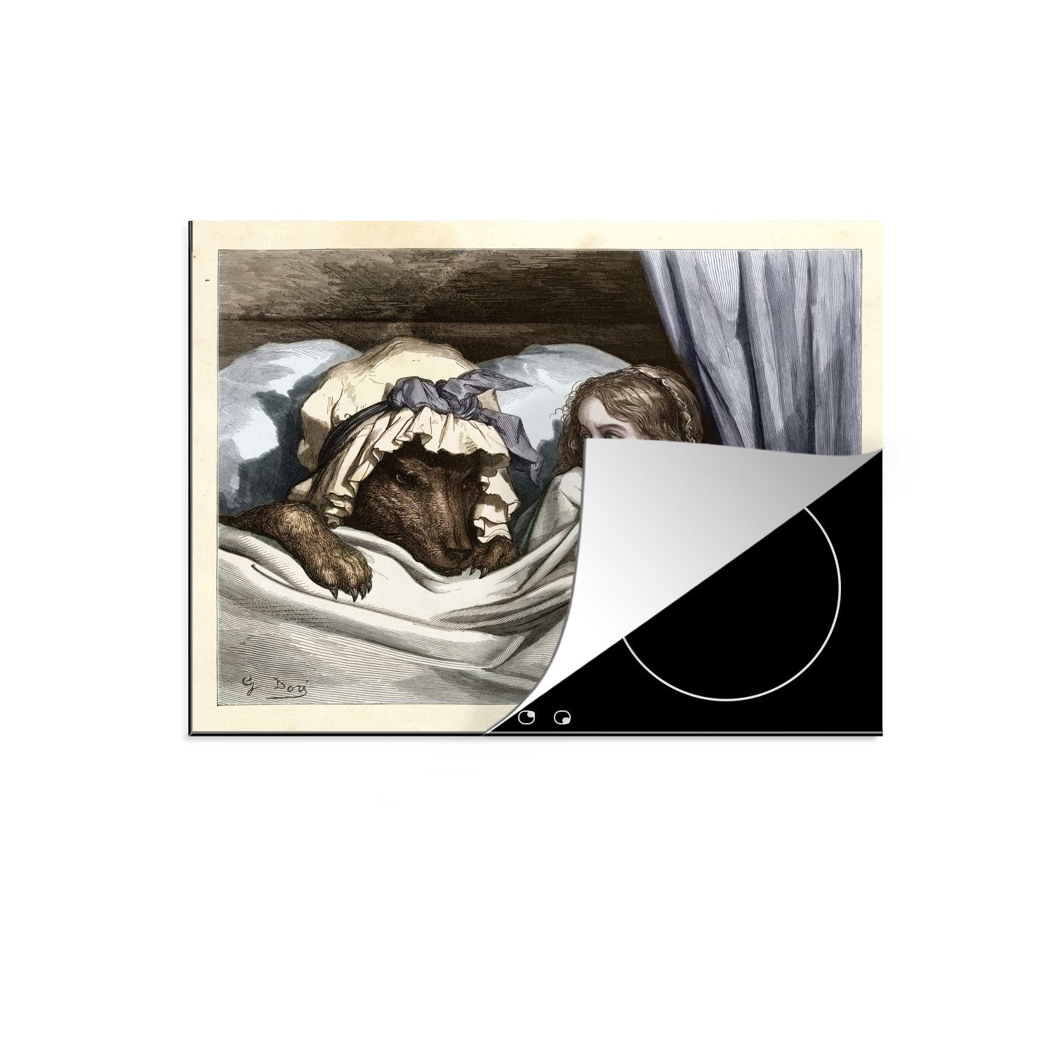 MuchoWow Herdblende-/Abdeckplatte Vintage-Illustration eines Mädchens und eines Wolfs, Vinyl, (1 tlg), 60x52 cm, Mobile Arbeitsfläche nutzbar, Ceranfeldabdeckung