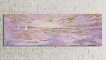YS-Art Gemälde Sonnenstrahlen, Landschaftsbilder, Leinwand Bild Handgemalt Segelboote Meer Wasser Lila Gold