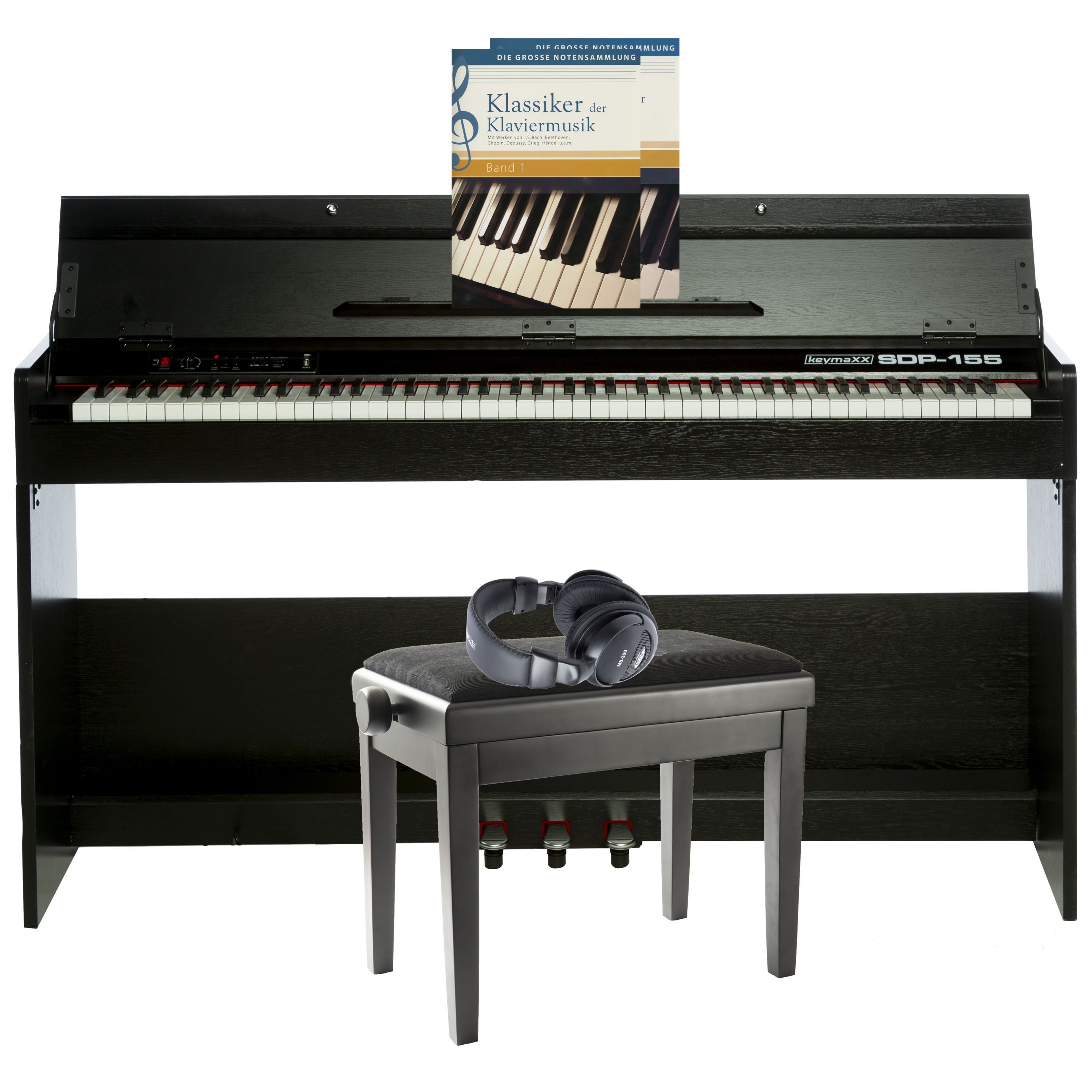 keymaXX Digitalpiano (E-Piano Set SDP-155 Schwarz 88 Tasten Hammermechanik 128-stimmige Polyphonie inklusive Klavierbank Kopfhörer und Notensammlung, Digitalpianos, Digitalpiano-Sets), E-Piano Set, Hammermechanik, 88 Tasten
