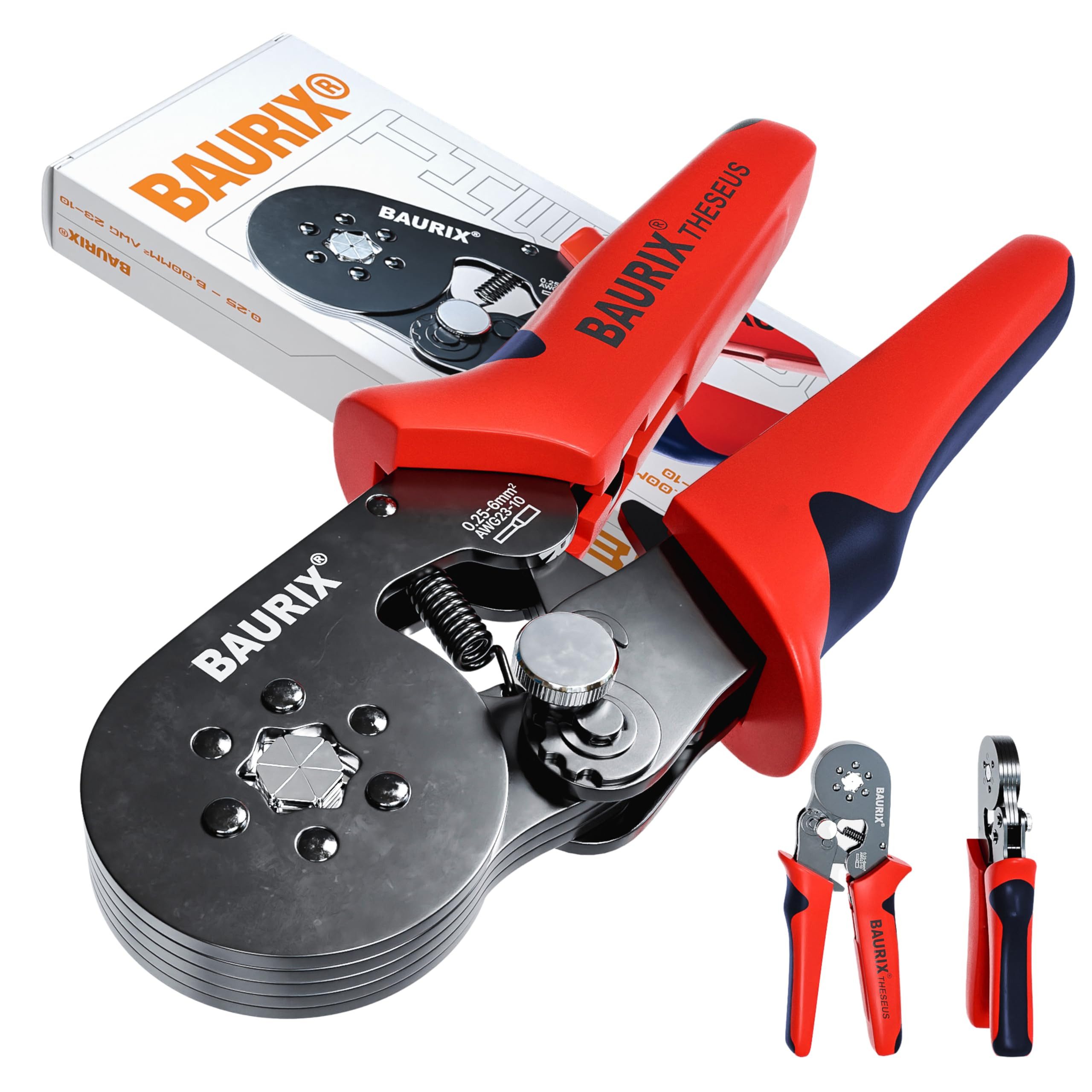 BAURIX Crimpzange Sechskant - Selbsteinstellende Krimpzange für Aderendhülsen, 0,25-6mm², Ergonomische Presszange für isolierte & unisolierte Aderendhülsen, Crimpwerkzeug