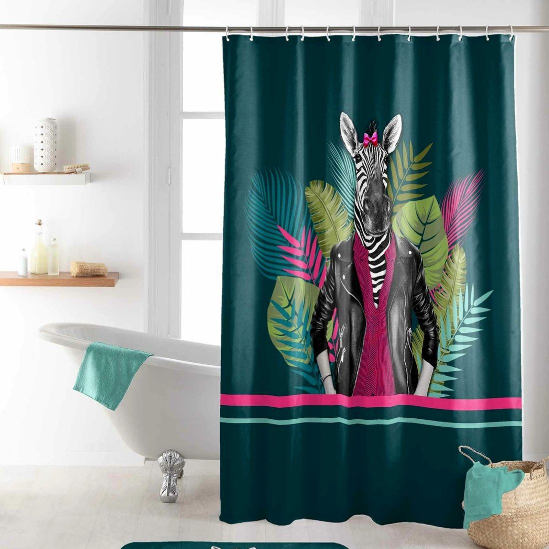 Sanixa Duschvorhang waschbar Badewannenvorhang Vorhang hochwertig mit  Ringen Metallösen Breite 180 cm, Duschvorhang Textil 200x180 cm Zebra grün  wasserabweisend