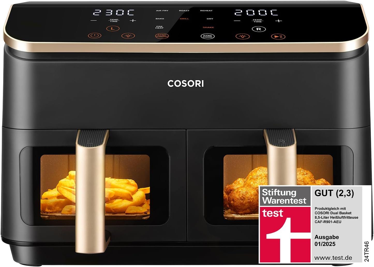 Cosori Heißluftfritteuse 2 Kammern, Airfryer, 6-in-1 Dual Zone 8,5 L, Doppelkammer mit Sichtfenster, 1750 W,
