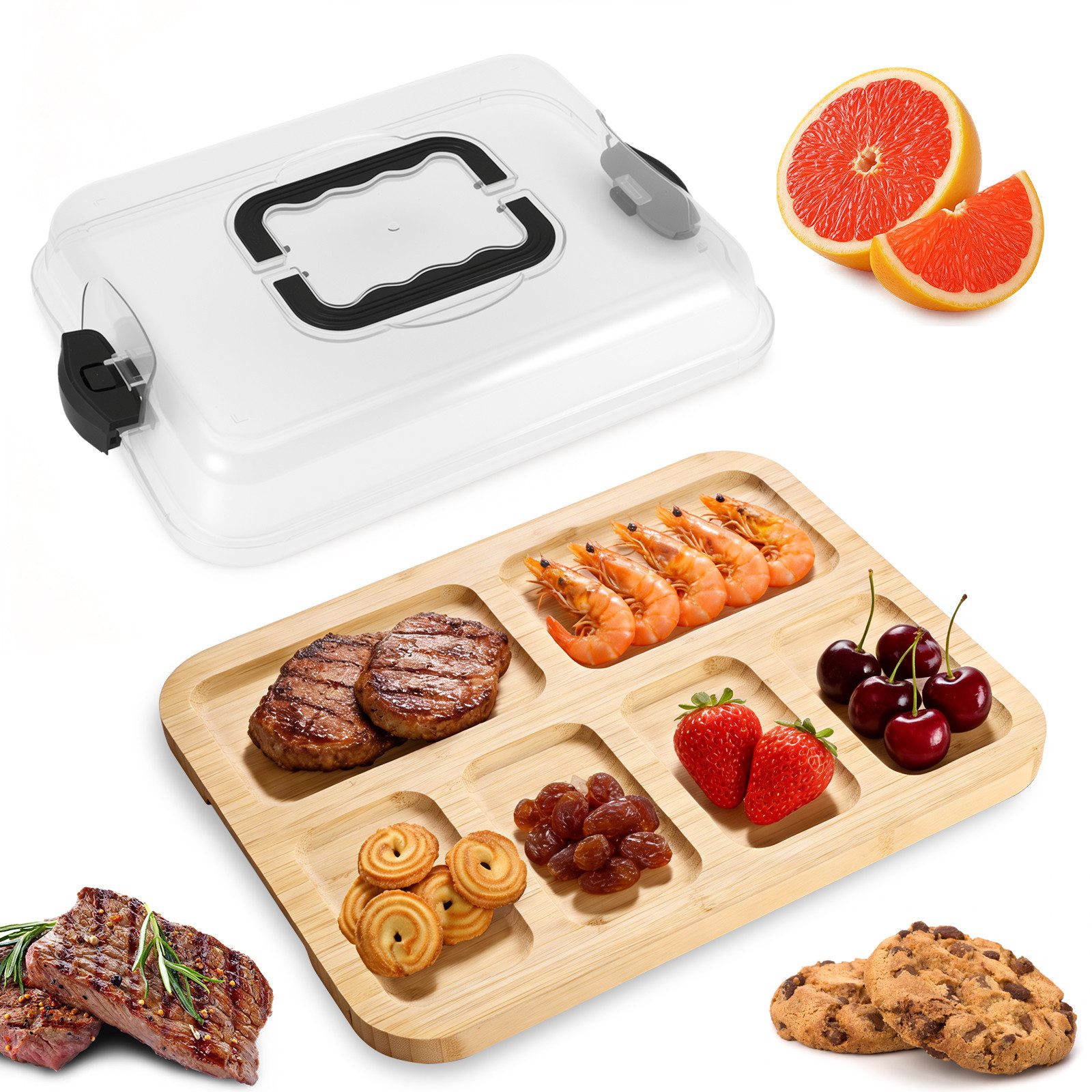 BlingBin Käsebrett Charcuterie-Bretter mit Deckel & Griff, Bambus-Käsebrett mit 6 Fächern, Kunststoff + Bambus, (1er Set, 1-St., Produktabmessungen: 38 × 28,6 × 6,8 cm), Serviertablett für Fleisch- & Obstsnacks, Charcuterie-Boxen für Küche