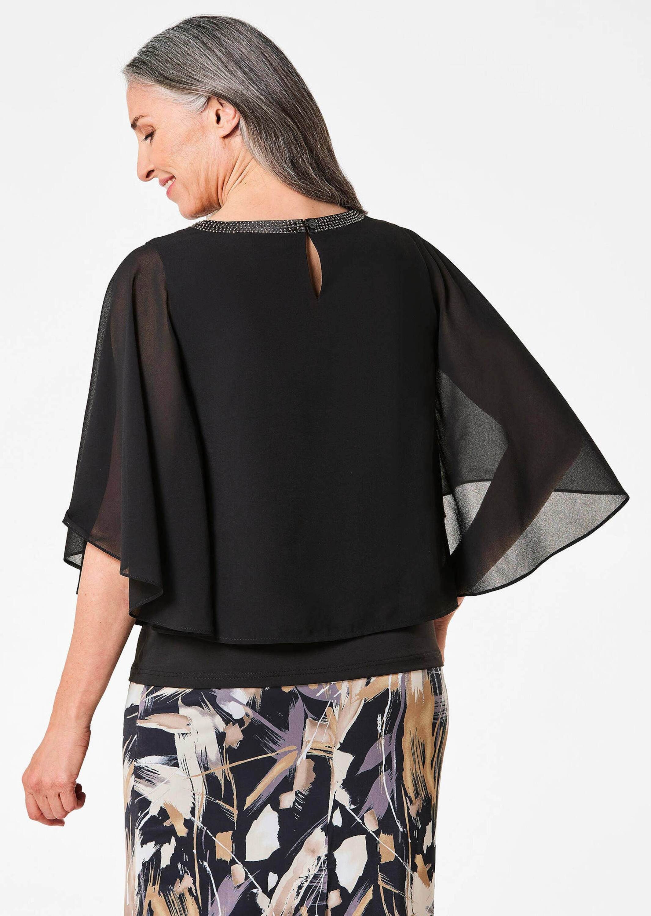 GOLDNER Shirtbluse Kurzgröße: Edle Chiffonbluse, U-Boot-Ausschnitt Herbsttunika mit Glitzersteinen am Ausschnitt und weiten 3/4-Ärmeln