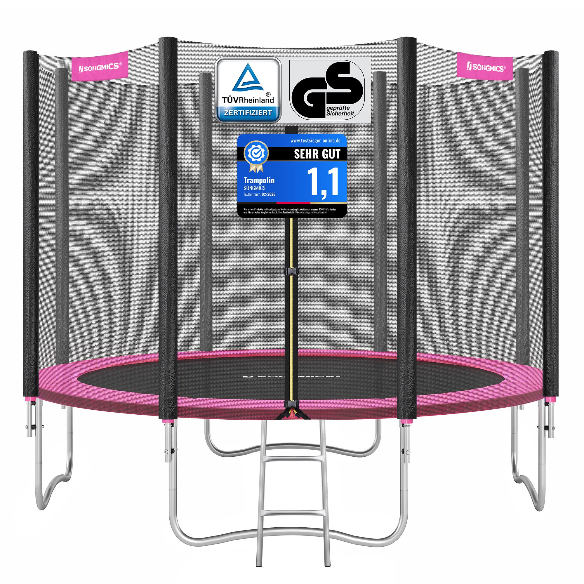 SONGMICS Gartentrampolin mit Randabdeckung, Sicherheitsnetz, Leiter und gepolsterten Stangen, Ø 305 cm, Ø244/Ø305/ Ø366 cm, mit Leiter und gepolsterten Stangen