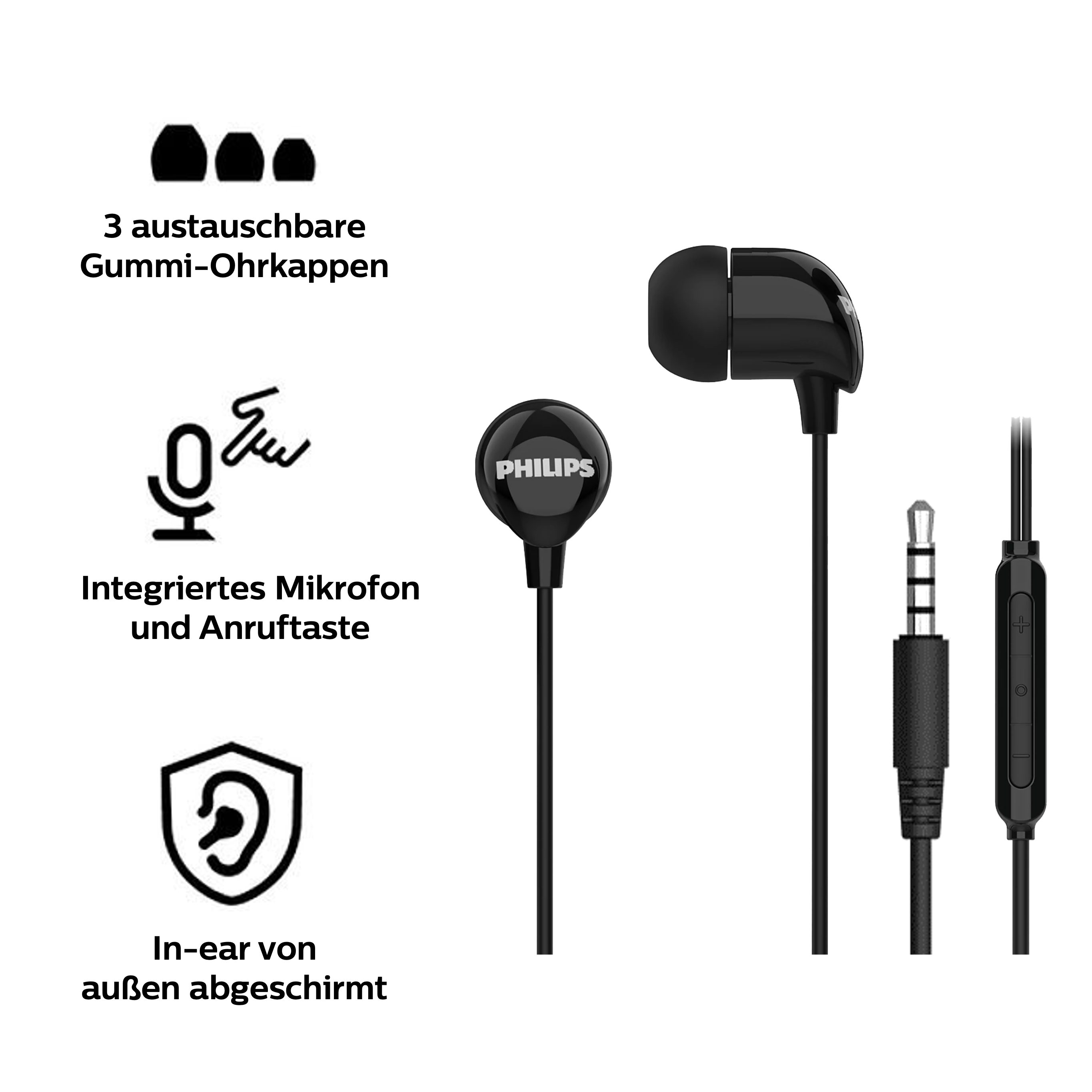 Philips TAE1156BK In-Ear-Kopfhörer (Clear Sound, Dynamische Bässe, Mikrofon, Klinkenstecker 3.5mm, Schwarz)
