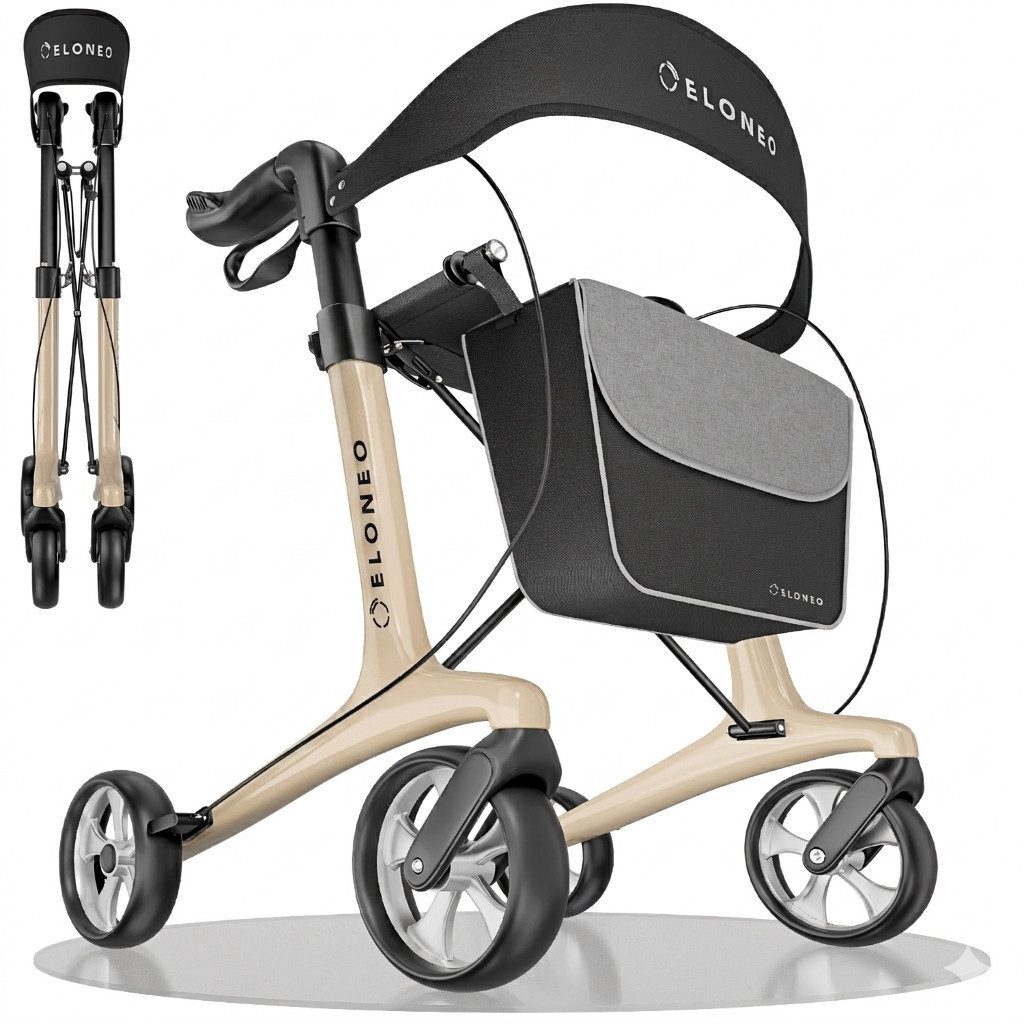ELONEO Rollator aus Carbon, ultraleicht, faltbar, mit Sitz, Faltbarer Rollator mit Sitz, Rückenlehne, Einkaufstasche