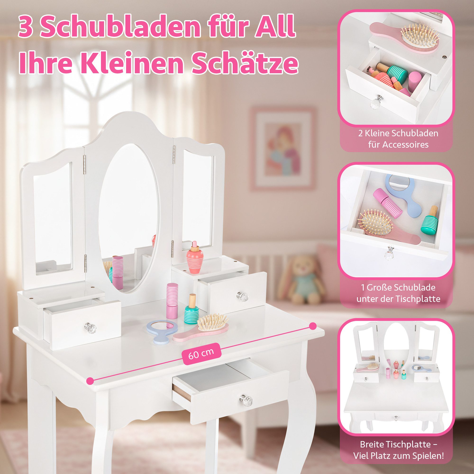 Green Series Schminktisch Kinder Schminktisch Holz Weiß – Spiegel & Hocker – Geschenkidee, Dreifachspiegel aus Plexiglas mit passendem Hocker – Bild 3 von 5