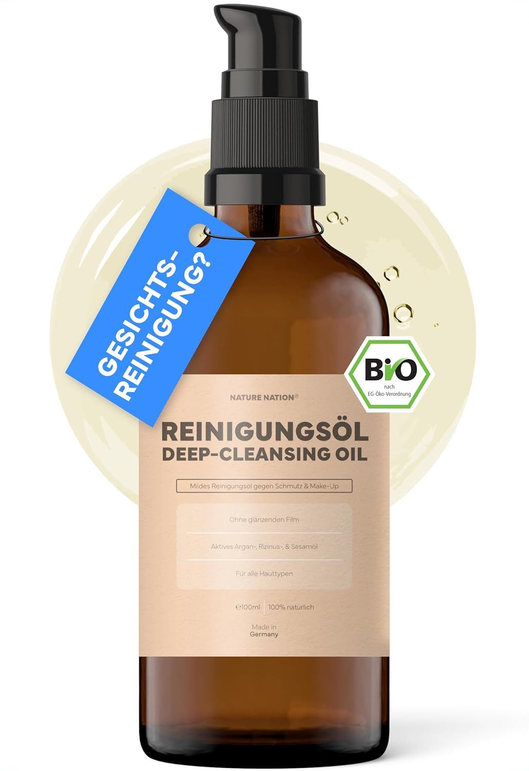 NATURE NATION Gesichts-Reinigungsöl Gesichtsreinigung Strong Make Up Remover + Jojobaöl & Rizinusöl, 1-tlg., Emulgierendes Reinigungsöl für Make-Up, SPF & Talg