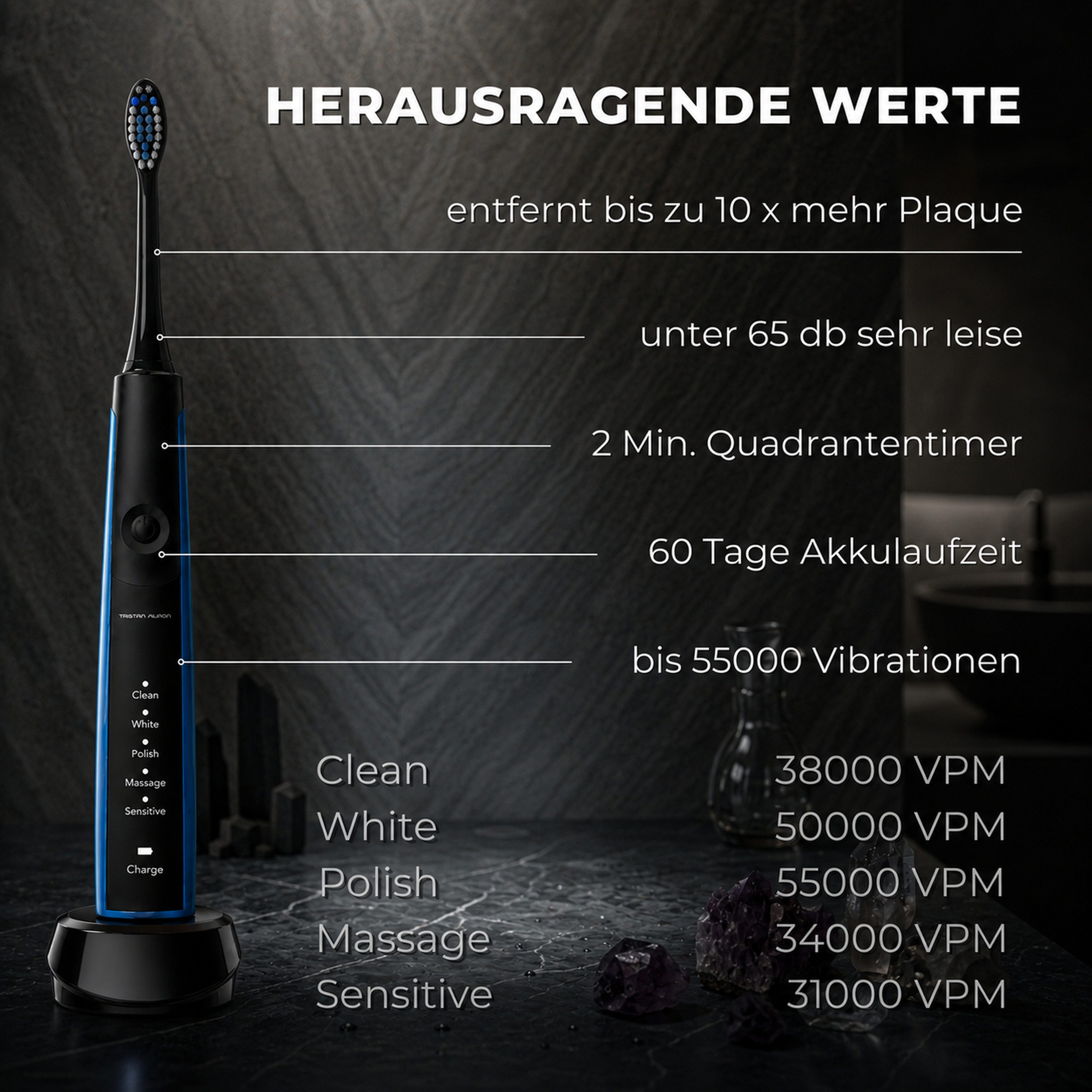 Tristan Auron Schallzahnbürste Elektrische Zahnbürste-55 000 VPM-5 Modi-2 Minuten Timer-Reiseetui, Aufsteckbürsten: 6 St., 2 Min. Timer, 60 Tage Akku, Ladestation, 5 Modi, ergonomisch angepasst