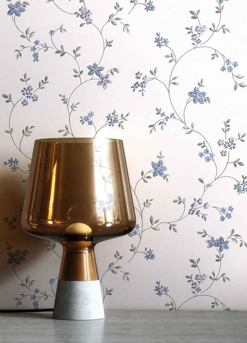 Newroom Vliestapete, Blau Tapete Floral Blumen - Vintage Blumentapete Grau Weiß Romantisch 3D Optik Blätter Blüten für Schlafzimmer Wohnzimmer Küche