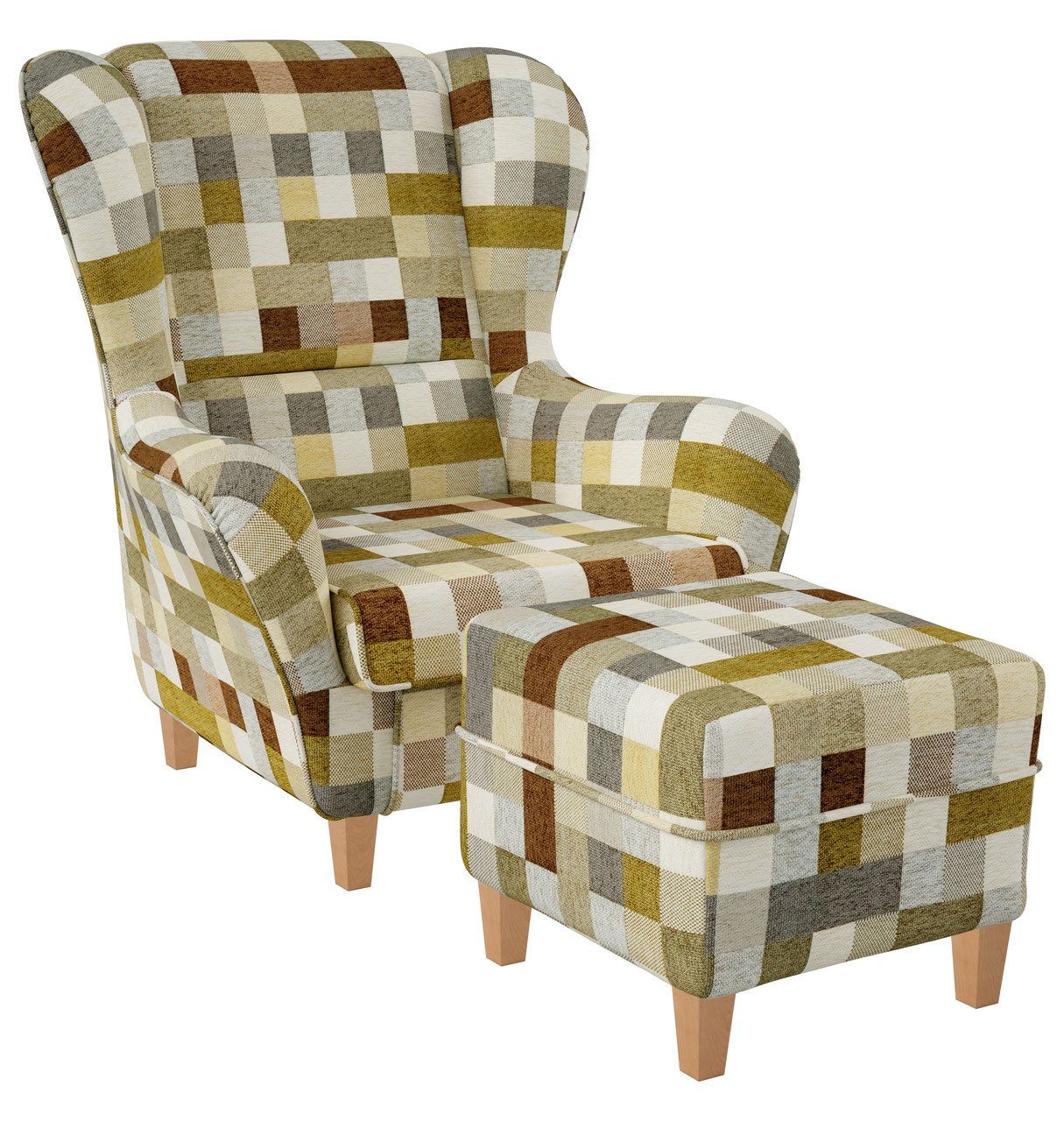 Supellex Ohrensessel Sofia Relaxsessel mit Hocker – kariert Beige-Ocker